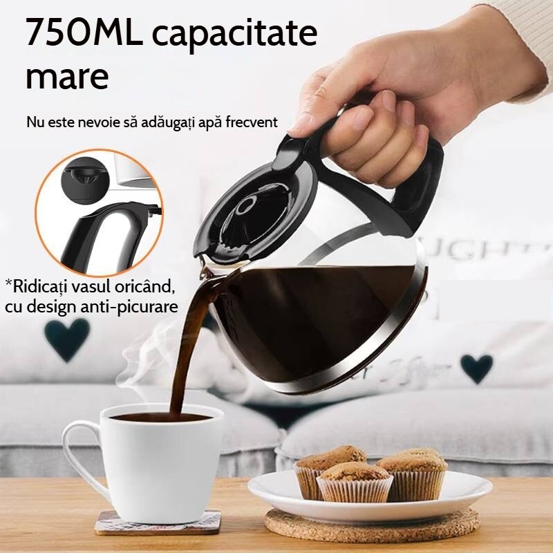 Cafetiera cu carafa din borosilicata 750ml, filtru reutilizabil, sistem anti-picurare, neagra, 17x24x25cm