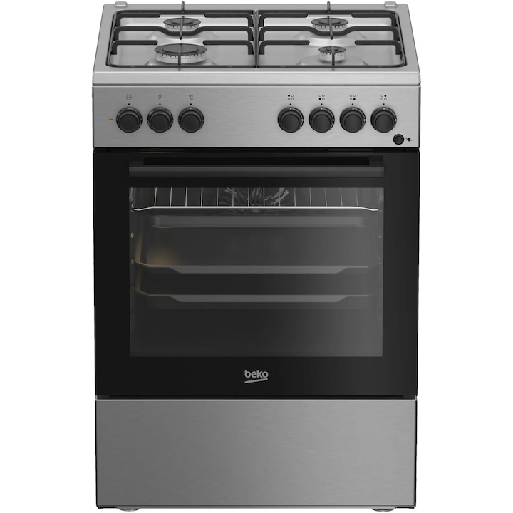 Aragaz Beko FBSE62120XD, Mixt, 4 arzatoare, Aprindere electrica, Gatire asistata cu ventilatie, Grill, 60 cm, Inox