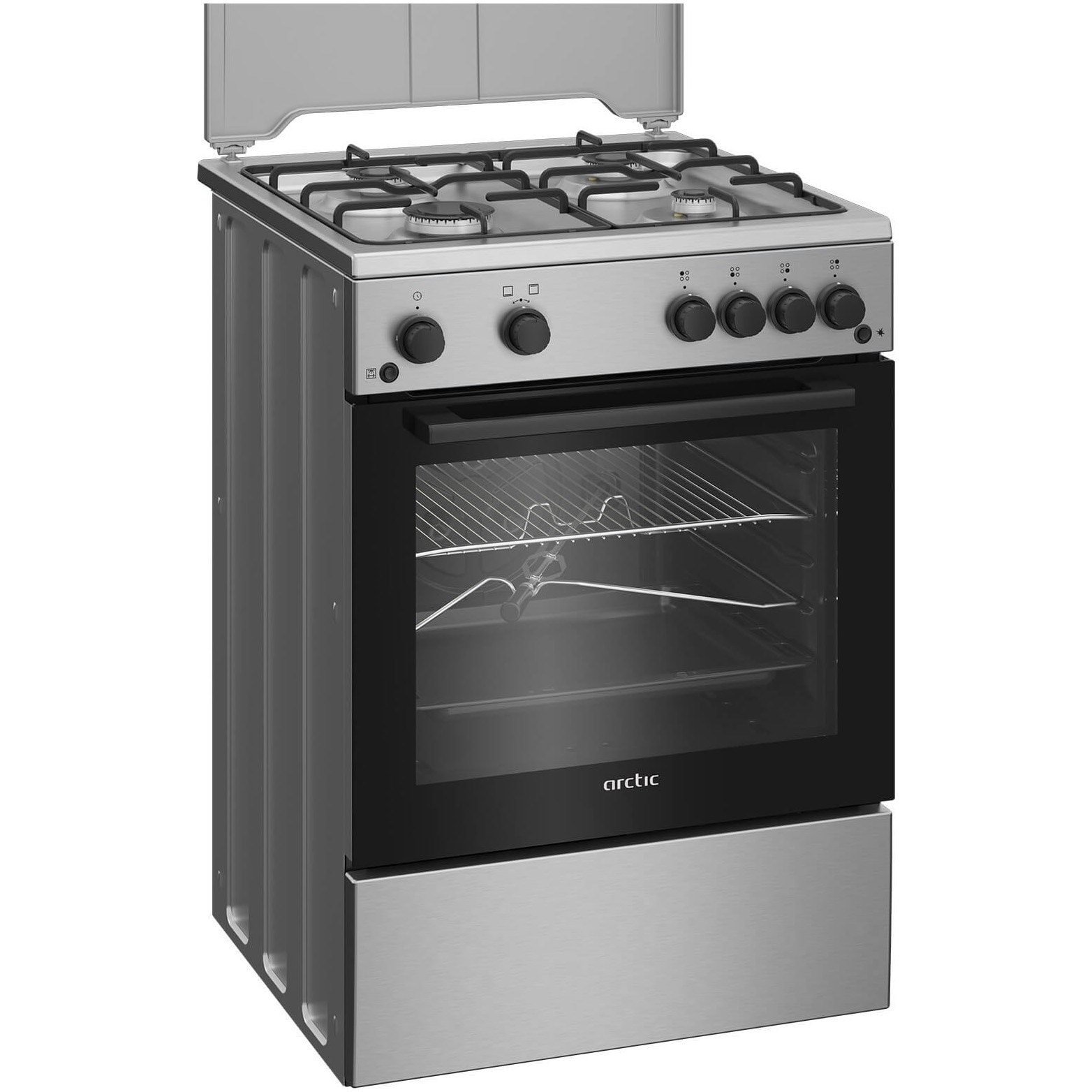 Aragaz Arctic ABGG6611DTTLX, Gaz, 4 arzatoare, Safety Plus, Grill gaz, Timer, Aprindere electrica plita/cuptor, Arzatoare cu eficienta ridicata, 60 cm, Inox