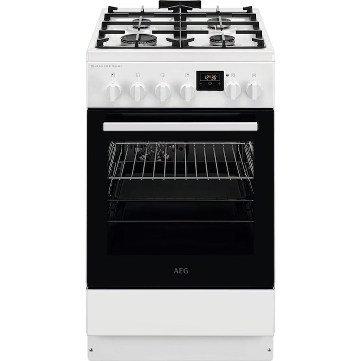 Aragaz AEG CKB56490BW, Mixt, 4 arzatoare , Siguranta plita, Aprindere integrata, Gratare fonta, Cuptor electric, SteamBake, AirFry, Timer, Grill electric, Clasa A, 50 cm, Alb