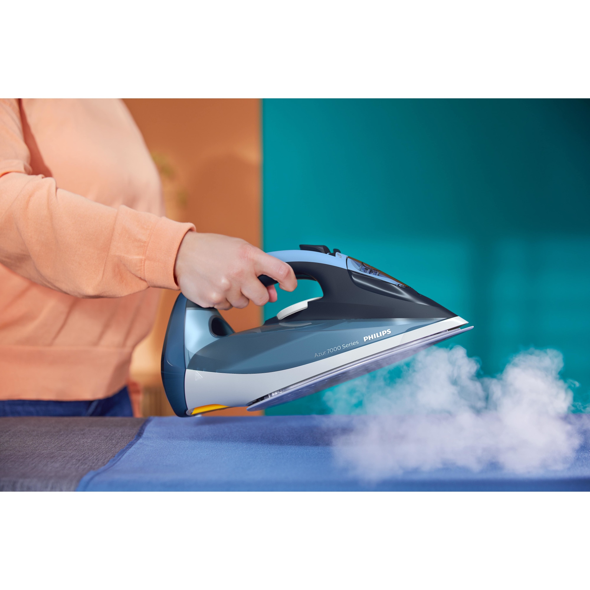 Fier de calcat Philips Azur DST7020/20, 2800W, debit de abur continuu de 50g/min si jet de abur de 250 g, talpa SteamGlide Plus, rezervor de 300ml si sistem de curatare automata cu rezervor integrat pentru calcar, albastru