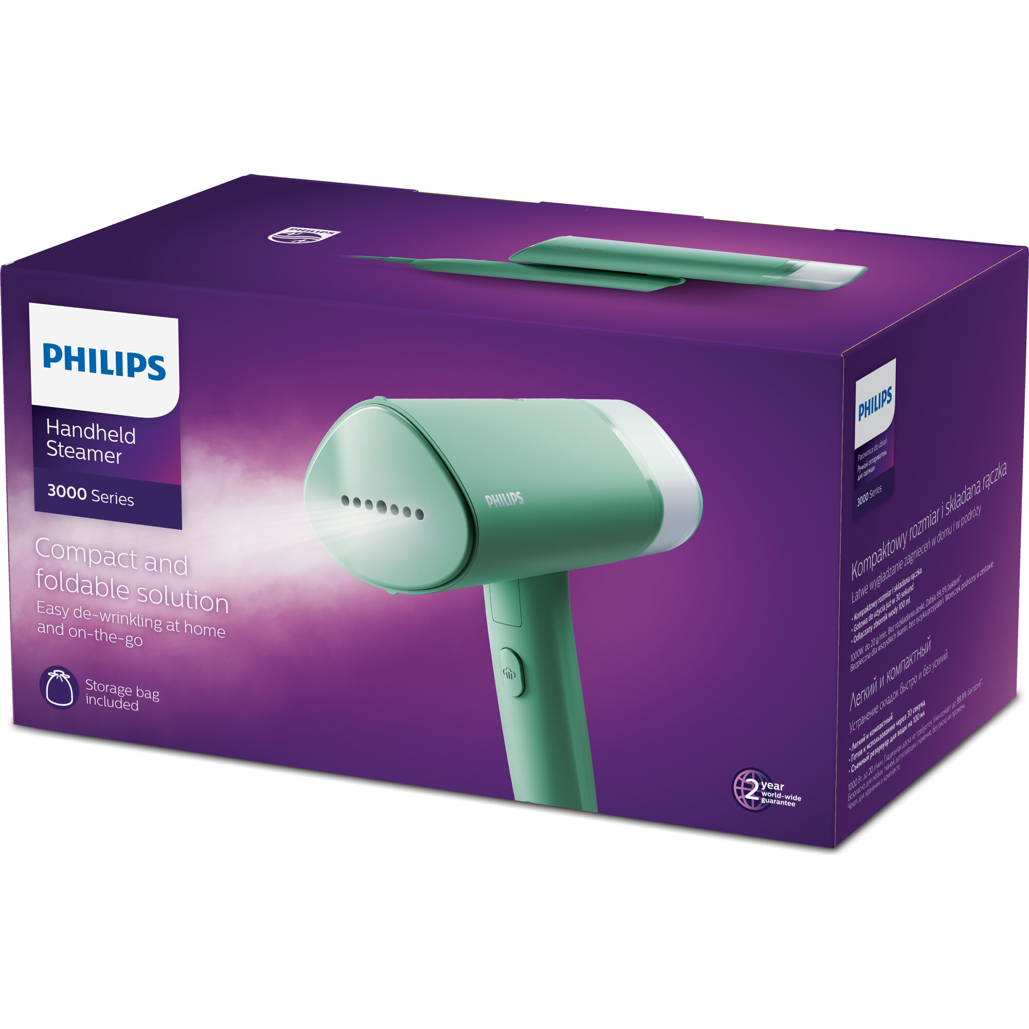 Aparat de calcat vertical cu aburi Philips Seria 3000 STH3010/70, 1000 W, 20 g/min, compact si pliabil, rezervor detasabil 100 ml, husa, Turcoaz
