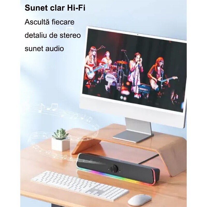 Soundbar Gaming, Rqiurpn, E320, Trei moduri RGB, Control tactil, Jack 3.5mm, USB, Negru, 16 inch