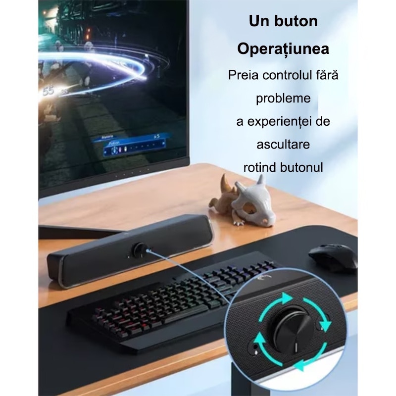 Soundbar Gaming, Rqiurpn, E320, Trei moduri RGB, Control tactil, Jack 3.5mm, USB, Negru, 16 inch