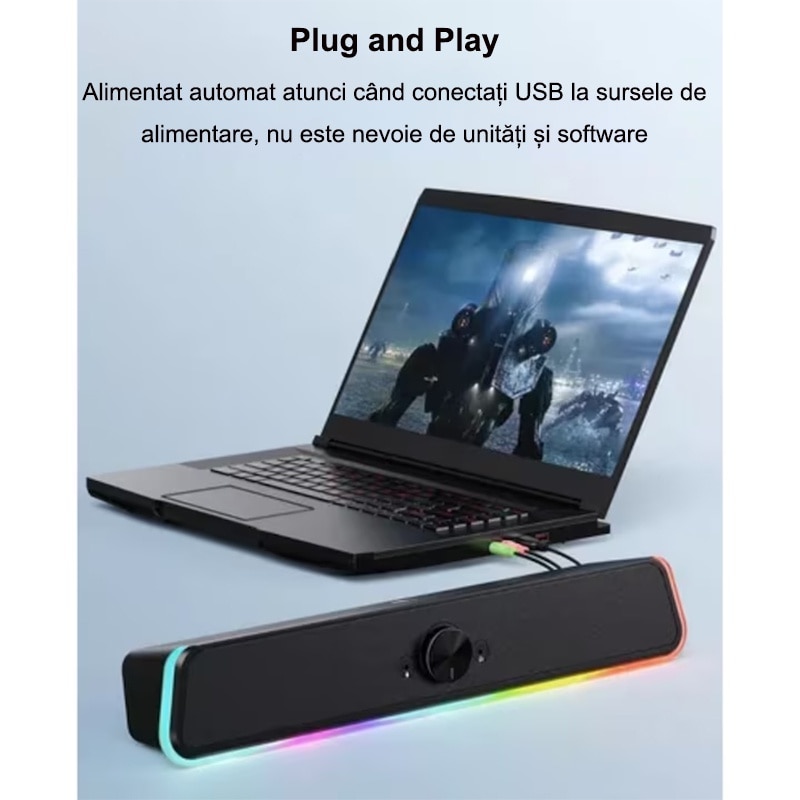 Soundbar Gaming, Rqiurpn, E320, Trei moduri RGB, Control tactil, Jack 3.5mm, USB, Negru, 16 inch