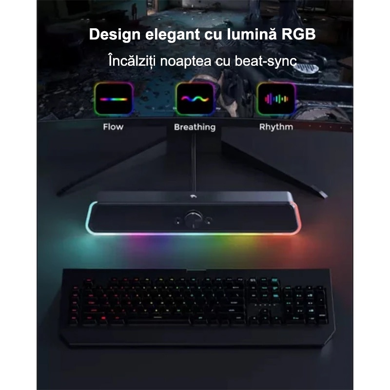 Soundbar Gaming, Rqiurpn, E320, Trei moduri RGB, Control tactil, Jack 3.5mm, USB, Negru, 16 inch