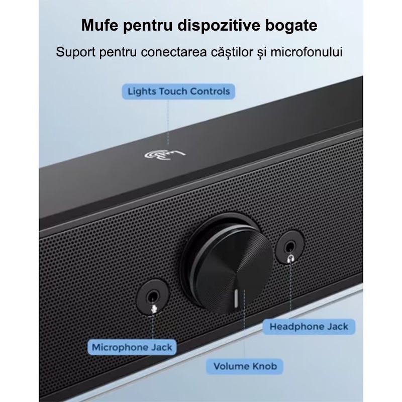 Soundbar Gaming, Rqiurpn, E320, Trei moduri RGB, Control tactil, Jack 3.5mm, USB, Negru, 16 inch