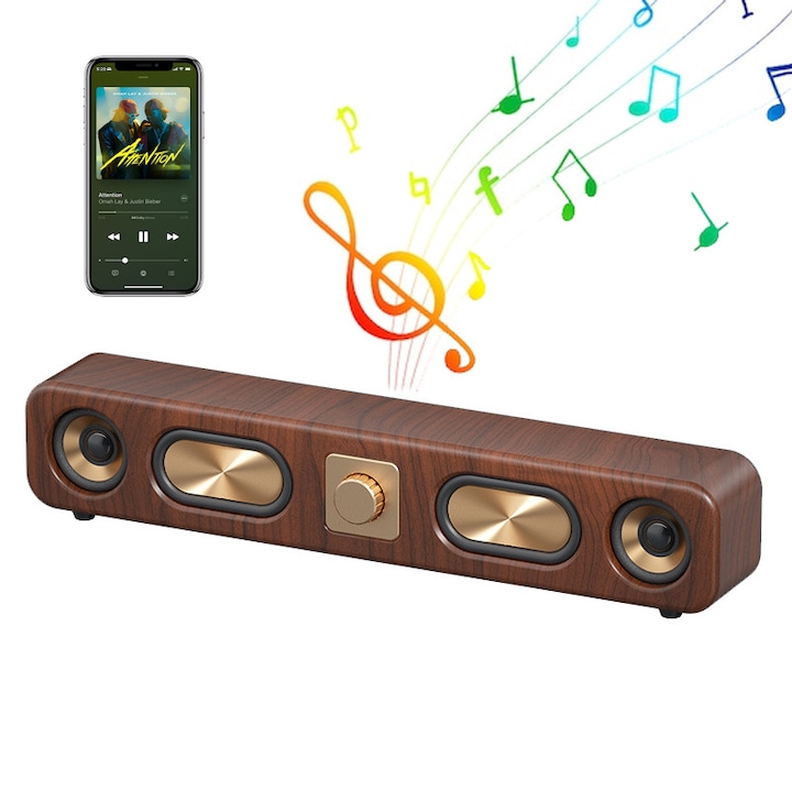 Bara de sunet, Boxa Bluetooth fara fir, Bluetooth 5.0, Soundbar, Fudisenn, Retro, Anulare zgomot, 2400mAh, Boxa cu patru unitati, Intrare card/USB/AUX, Sunet surround, Distanta maxima de functionare 10m, Maro