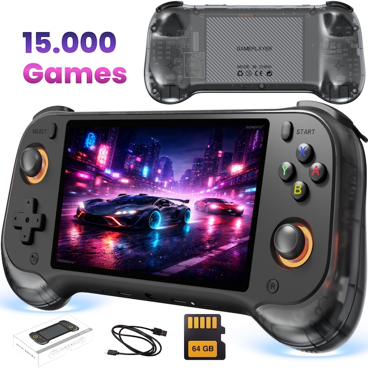 Consola jocuri portabila INOMEVIX®, Ecran IPS 5.5 inch HD, Baterie 5000 mAh, Joystick Hall cu LED, Conectare TV Mini HDMI, Suport multiplayer, Sistem Linux, Consola jocuri adulti si copii, 15000 Jocuri preinstalate, Consola gaming, RK3566 Quad Core 64 bit