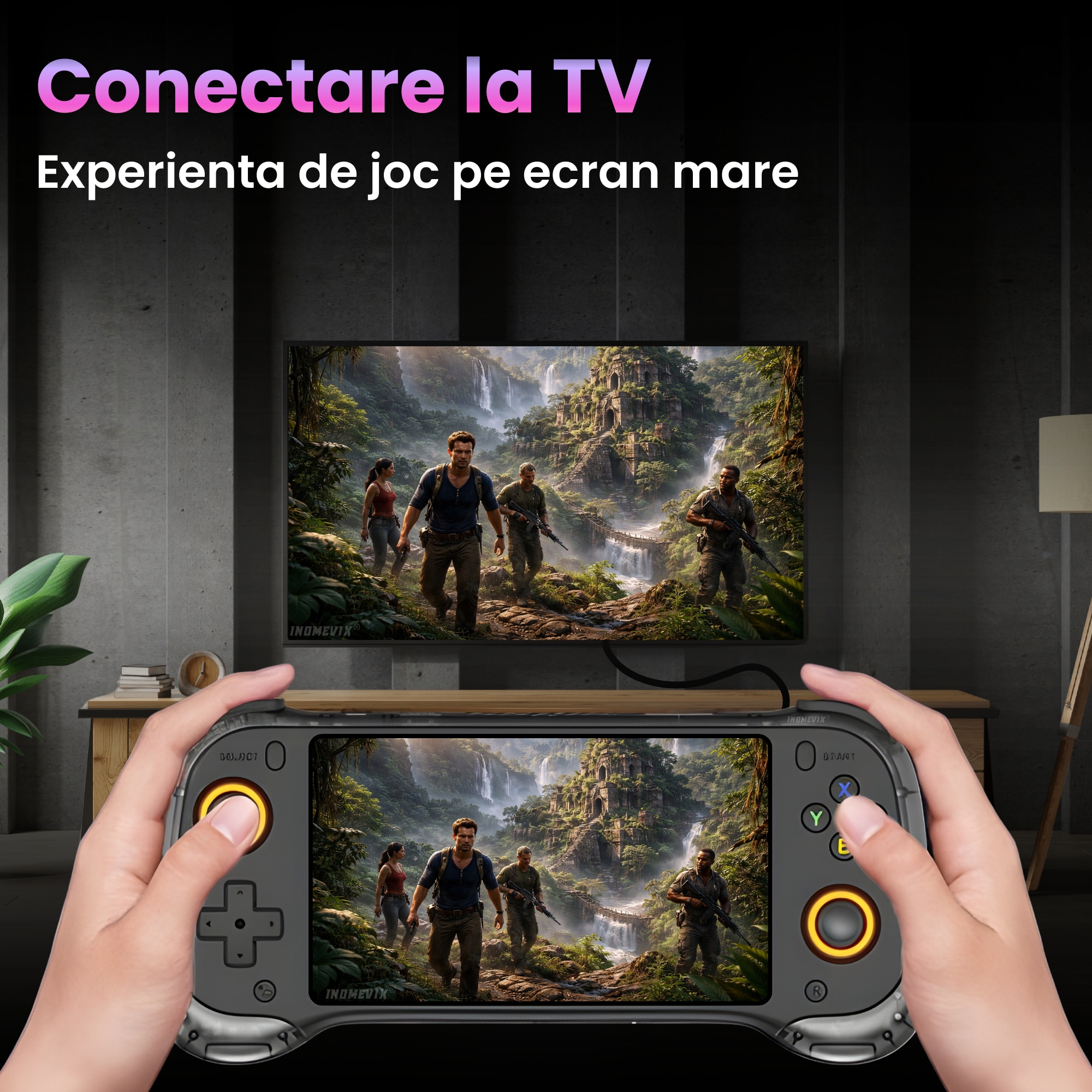 Consola jocuri portabila INOMEVIX®, Ecran IPS 5.5 inch HD, Baterie 5000 mAh, Joystick Hall cu LED, Conectare TV Mini HDMI, Suport multiplayer, Sistem Linux, Consola jocuri adulti si copii, 15000 Jocuri preinstalate, Consola gaming, RK3566 Quad Core 64 bit