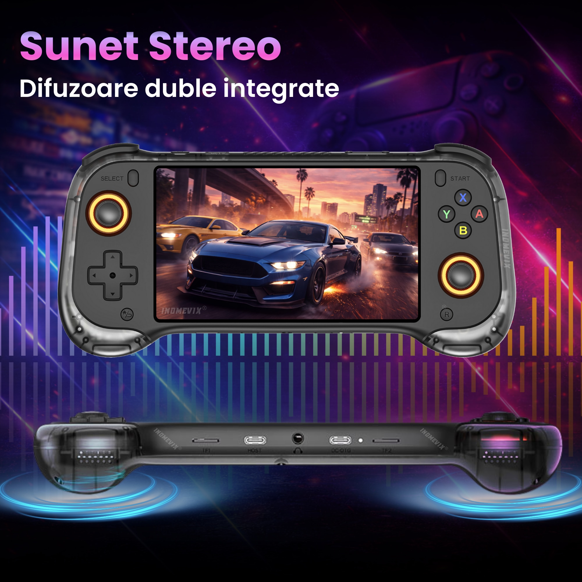 Consola jocuri portabila INOMEVIX®, Ecran IPS 5.5 inch HD, Baterie 5000 mAh, Joystick Hall cu LED, Conectare TV Mini HDMI, Suport multiplayer, Sistem Linux, Consola jocuri adulti si copii, 15000 Jocuri preinstalate, Consola gaming, RK3566 Quad Core 64 bit