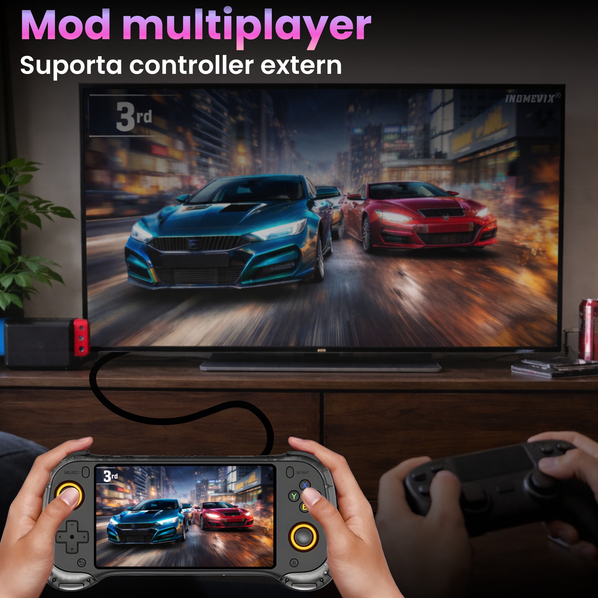 Consola jocuri portabila INOMEVIX®, Ecran IPS 5.5 inch HD, Baterie 5000 mAh, Joystick Hall cu LED, Conectare TV Mini HDMI, Suport multiplayer, Sistem Linux, Consola jocuri adulti si copii, 15000 Jocuri preinstalate, Consola gaming, RK3566 Quad Core 64 bit