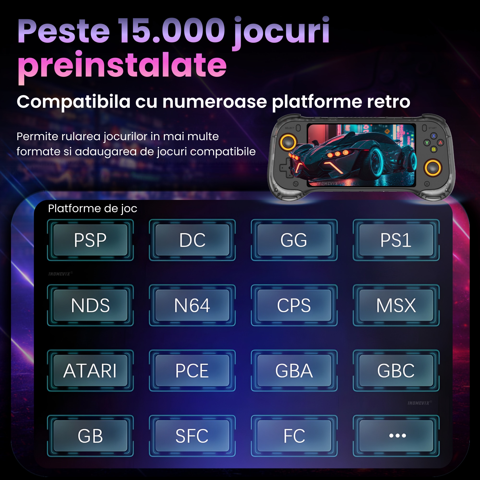 Consola jocuri portabila INOMEVIX®, Ecran IPS 5.5 inch HD, Baterie 5000 mAh, Joystick Hall cu LED, Conectare TV Mini HDMI, Suport multiplayer, Sistem Linux, Consola jocuri adulti si copii, 15000 Jocuri preinstalate, Consola gaming, RK3566 Quad Core 64 bit