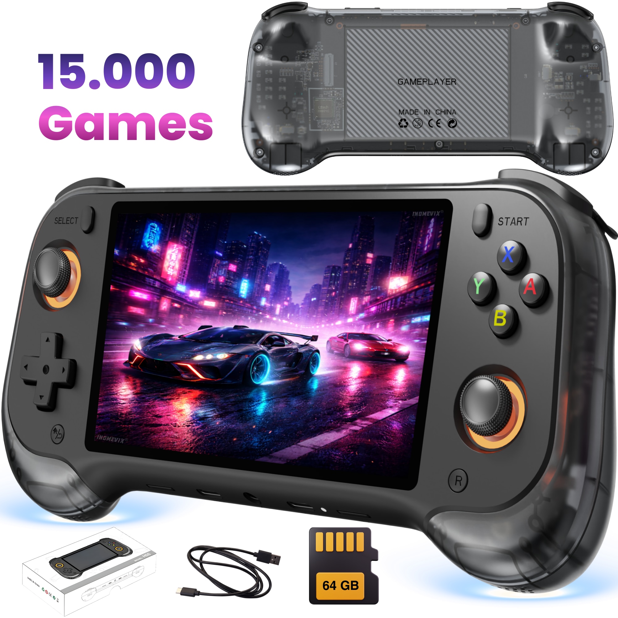 Consola jocuri portabila INOMEVIX®, Ecran IPS 5.5 inch HD, Baterie 5000 mAh, Joystick Hall cu LED, Conectare TV Mini HDMI, Suport multiplayer, Sistem Linux, Consola jocuri adulti si copii, 15000 Jocuri preinstalate, Consola gaming, RK3566 Quad Core 64 bit