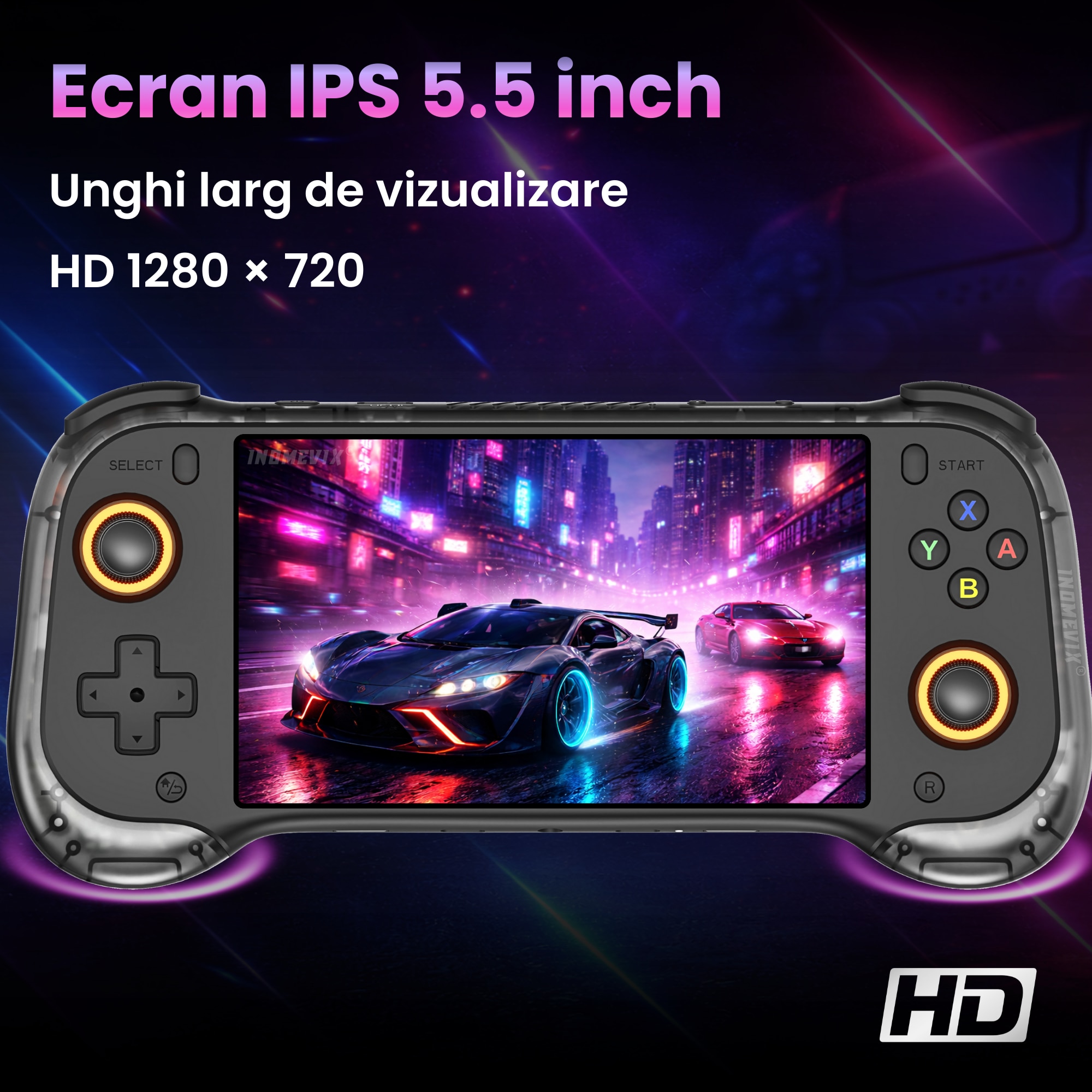 Consola jocuri portabila INOMEVIX®, Ecran IPS 5.5 inch HD, Baterie 5000 mAh, Joystick Hall cu LED, Conectare TV Mini HDMI, Suport multiplayer, Sistem Linux, Consola jocuri adulti si copii, 15000 Jocuri preinstalate, Consola gaming, RK3566 Quad Core 64 bit
