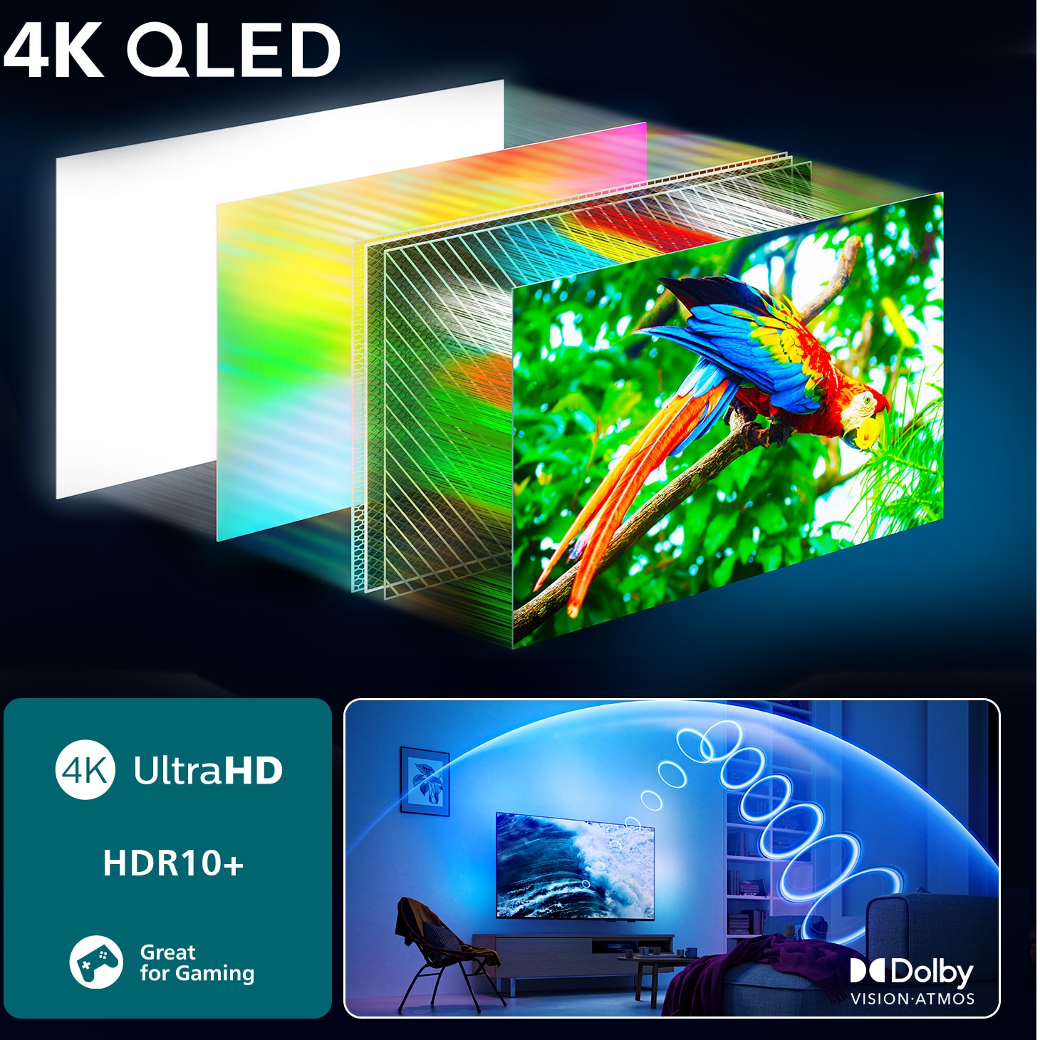 Televizor Philips AMBILIGHT tv QLED 55PUS9010, 139 cm, Smart TV, 4K Ultra HD, 100 Hz, Clasa F (Model 2025)