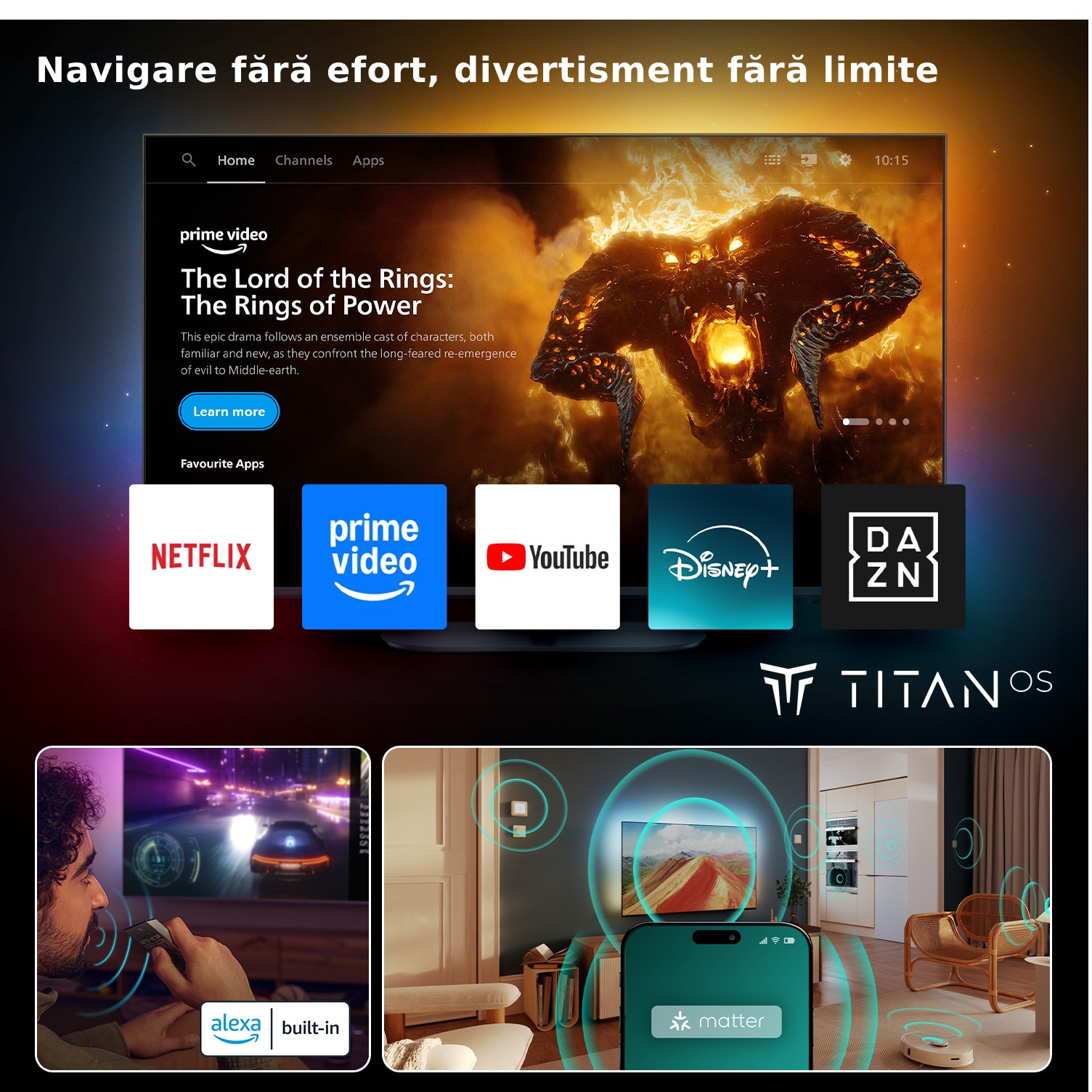 Televizor Philips AMBILIGHT tv QLED 55PUS9010, 139 cm, Smart TV, 4K Ultra HD, 100 Hz, Clasa F (Model 2025)