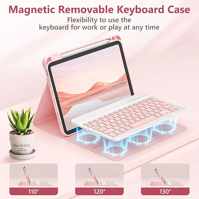 Husa cu tastatura pentru iPad Air de 11 inci (M3 2025 / M2 2024) si Air 5/4, cu o tastatura de 10, 9 inci (iluminare de fundal in 7 culori), Bluetooth, functionalitate de suport USB Type-C si slot pentru stylus, Roz