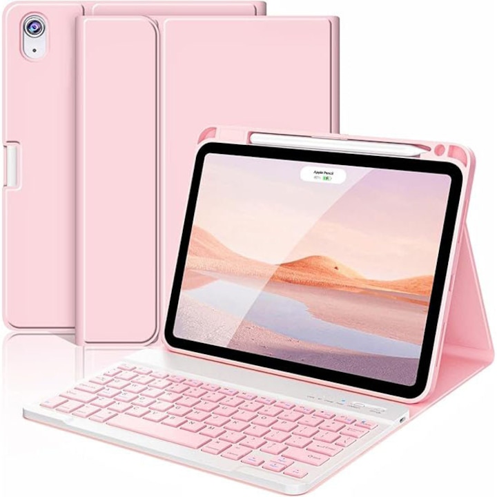 Husa cu tastatura pentru iPad Air de 11 inci (M3 2025 / M2 2024) si Air 5/4, cu o tastatura de 10, 9 inci (iluminare de fundal in 7 culori), Bluetooth, functionalitate de suport USB Type-C si slot pentru stylus, Roz