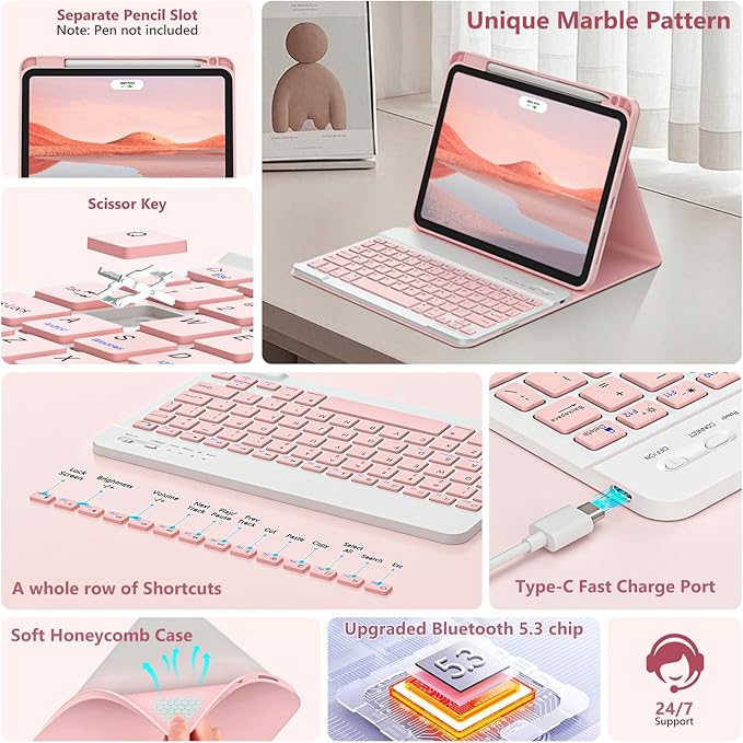 Husa cu tastatura pentru iPad Air de 11 inci (M3 2025 / M2 2024) si Air 5/4, cu o tastatura de 10, 9 inci (iluminare de fundal in 7 culori), Bluetooth, functionalitate de suport USB Type-C si slot pentru stylus, Roz