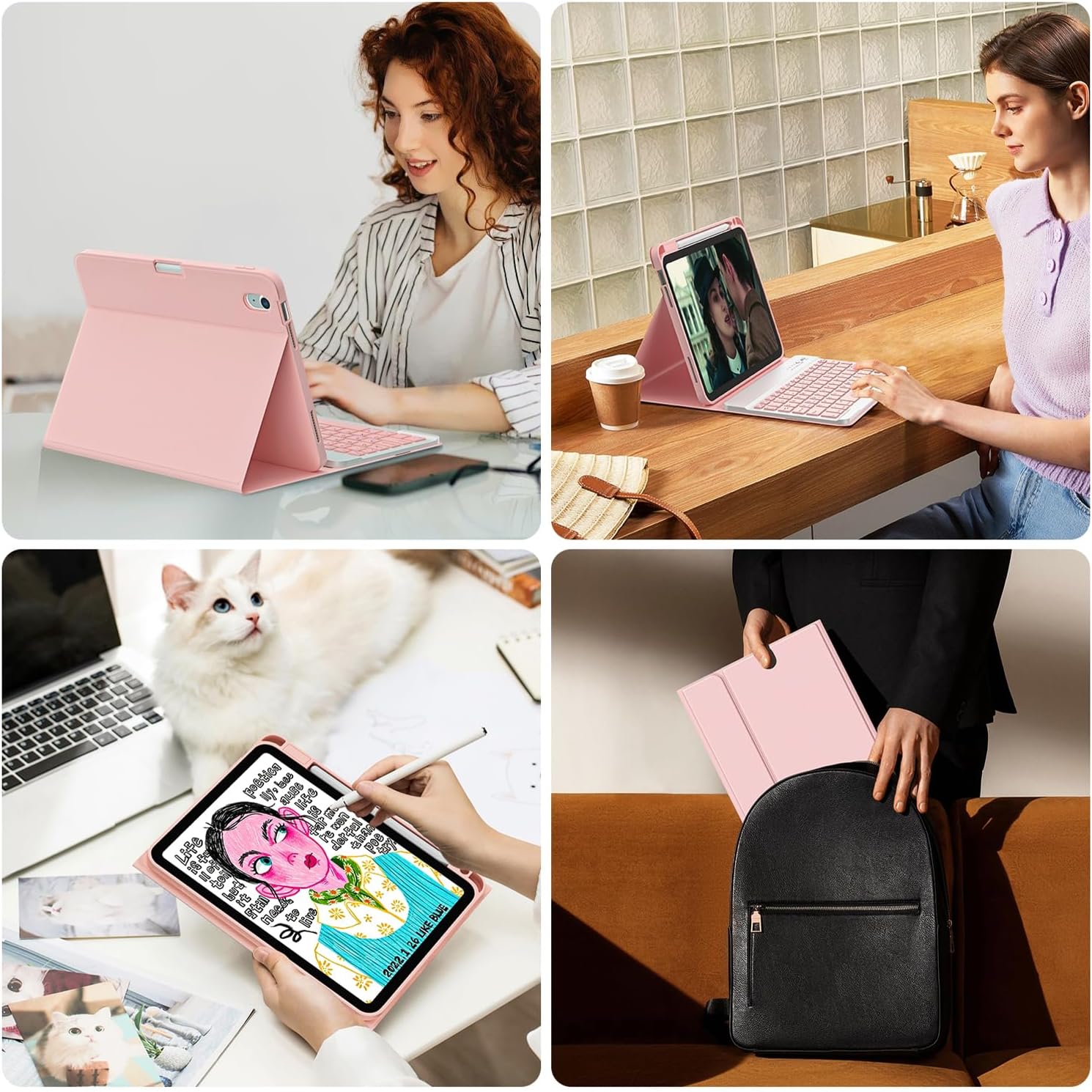 Husa cu tastatura pentru iPad Air de 11 inci (M3 2025 / M2 2024) si Air 5/4, cu o tastatura de 10, 9 inci (iluminare de fundal in 7 culori), Bluetooth, functionalitate de suport USB Type-C si slot pentru stylus, Roz