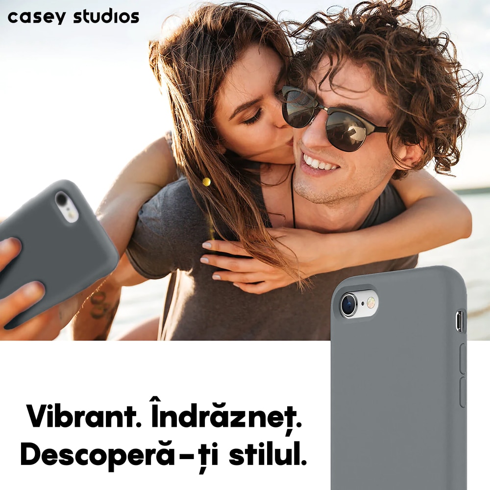 Husa CASEY STUDIOS™ compatibila cu iPhone 7 / 8 / SE 2 / SE 2020 / SE 3 2022, Soft Silicone Premium, Microfibra in Interior, Dark Gray, de Protectie, Ultra Slim, pentru Incarcare Wireless, Margini Ridicate de Protectia Ecranului si a Camerelor