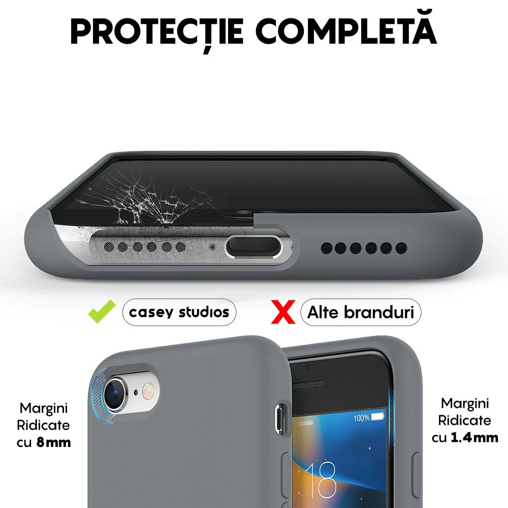 Husa CASEY STUDIOS™ compatibila cu iPhone 7 / 8 / SE 2 / SE 2020 / SE 3 2022, Soft Silicone Premium, Microfibra in Interior, Dark Gray, de Protectie, Ultra Slim, pentru Incarcare Wireless, Margini Ridicate de Protectia Ecranului si a Camerelor