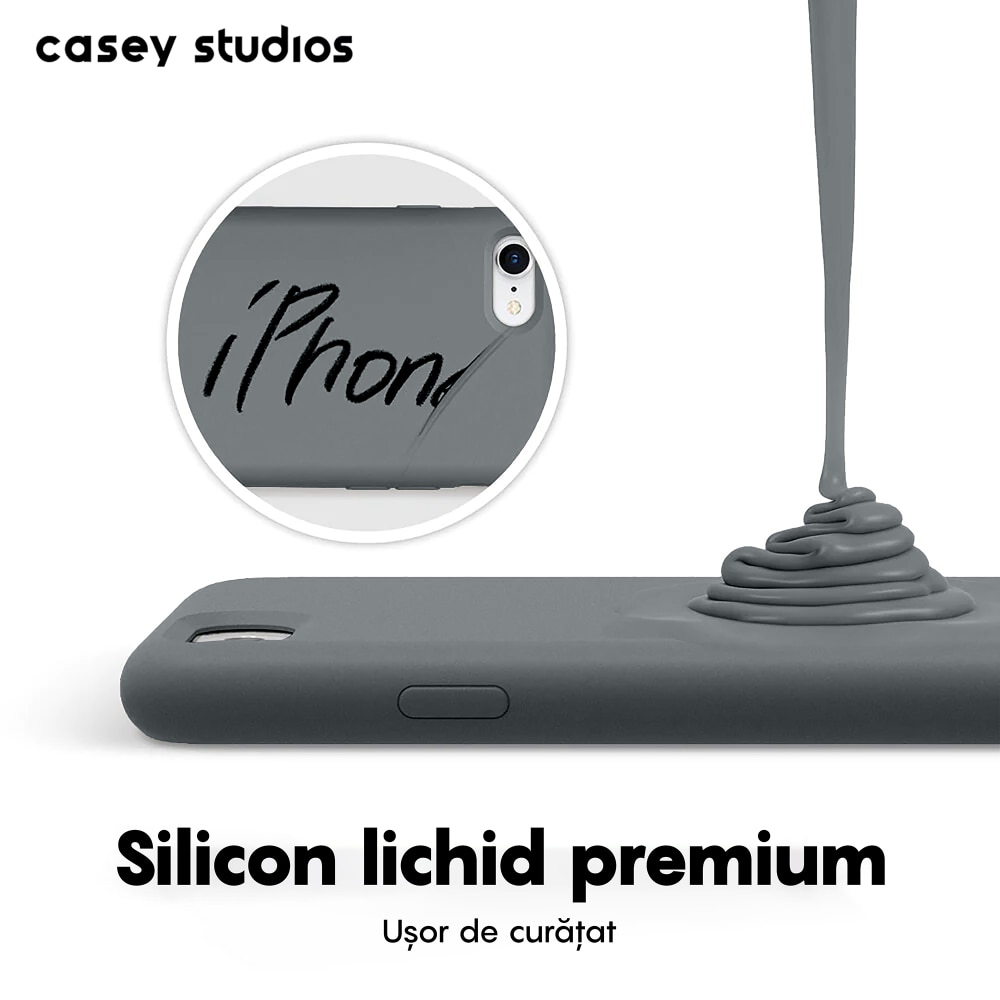 Husa CASEY STUDIOS™ compatibila cu iPhone 7 / 8 / SE 2 / SE 2020 / SE 3 2022, Soft Silicone Premium, Microfibra in Interior, Dark Gray, de Protectie, Ultra Slim, pentru Incarcare Wireless, Margini Ridicate de Protectia Ecranului si a Camerelor