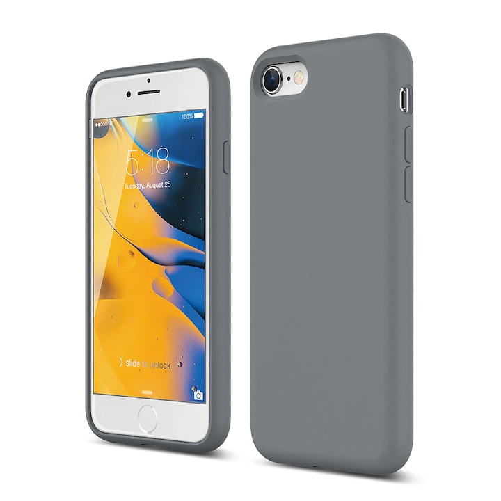Husa CASEY STUDIOS™ compatibila cu iPhone 7 / 8 / SE 2 / SE 2020 / SE 3 2022, Soft Silicone Premium, Microfibra in Interior, Dark Gray, de Protectie, Ultra Slim, pentru Incarcare Wireless, Margini Ridicate de Protectia Ecranului si a Camerelor