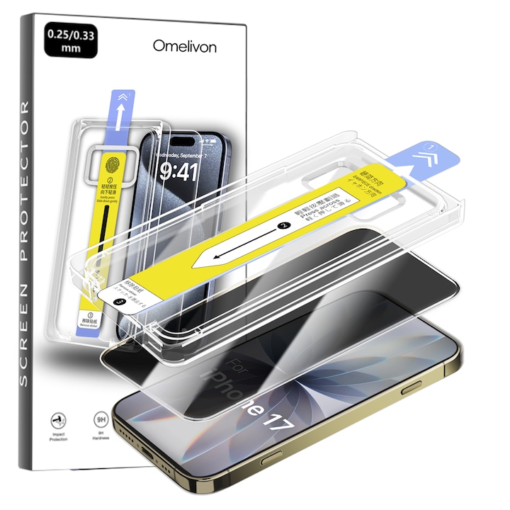 Folie de Protectie Privacy pentru iPhone 17, Omelivon, Sticla Securizata, cu Kit de Aplicare Instanta si Functie Automata de Indepartare a Prafului, Duritate 9H, Ultra HD, advanced touch sensitivity