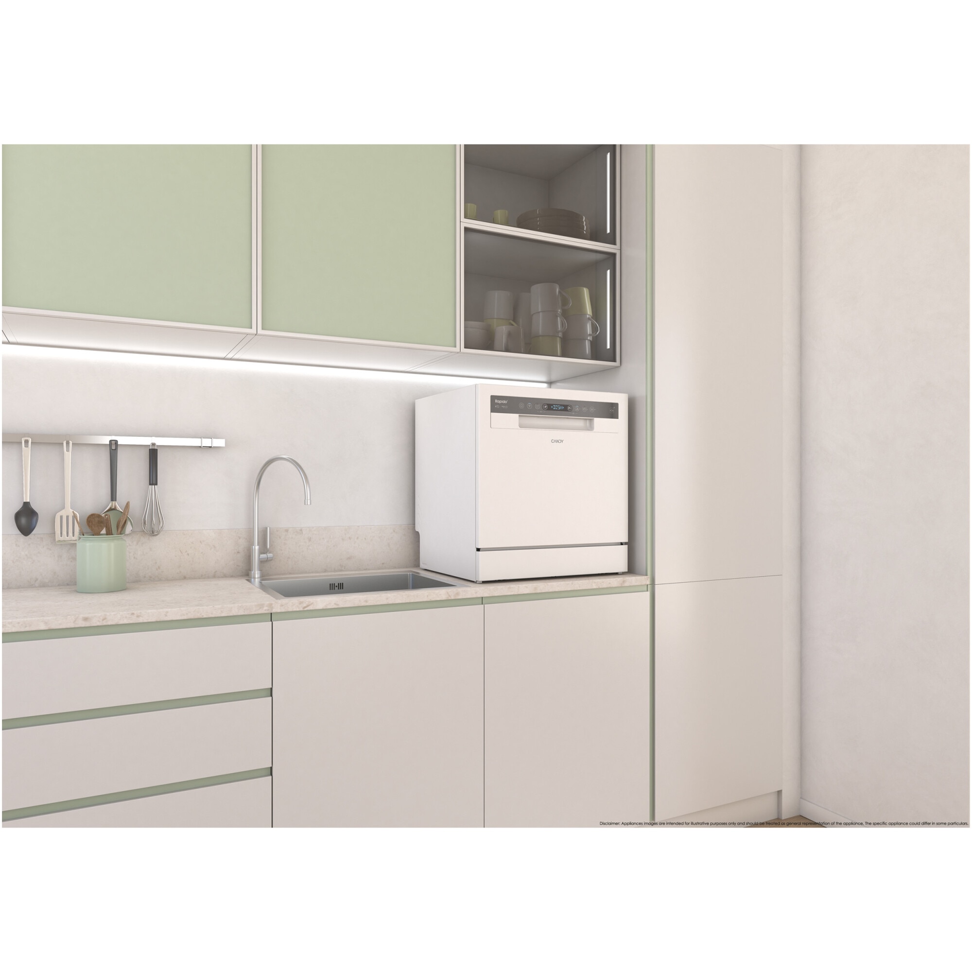 Masina de spalat vase compacta Candy CP 8F9FFW, 8 seturi, 8 programe, Wifi + BLE, Clasa F, 55 cm, Alb