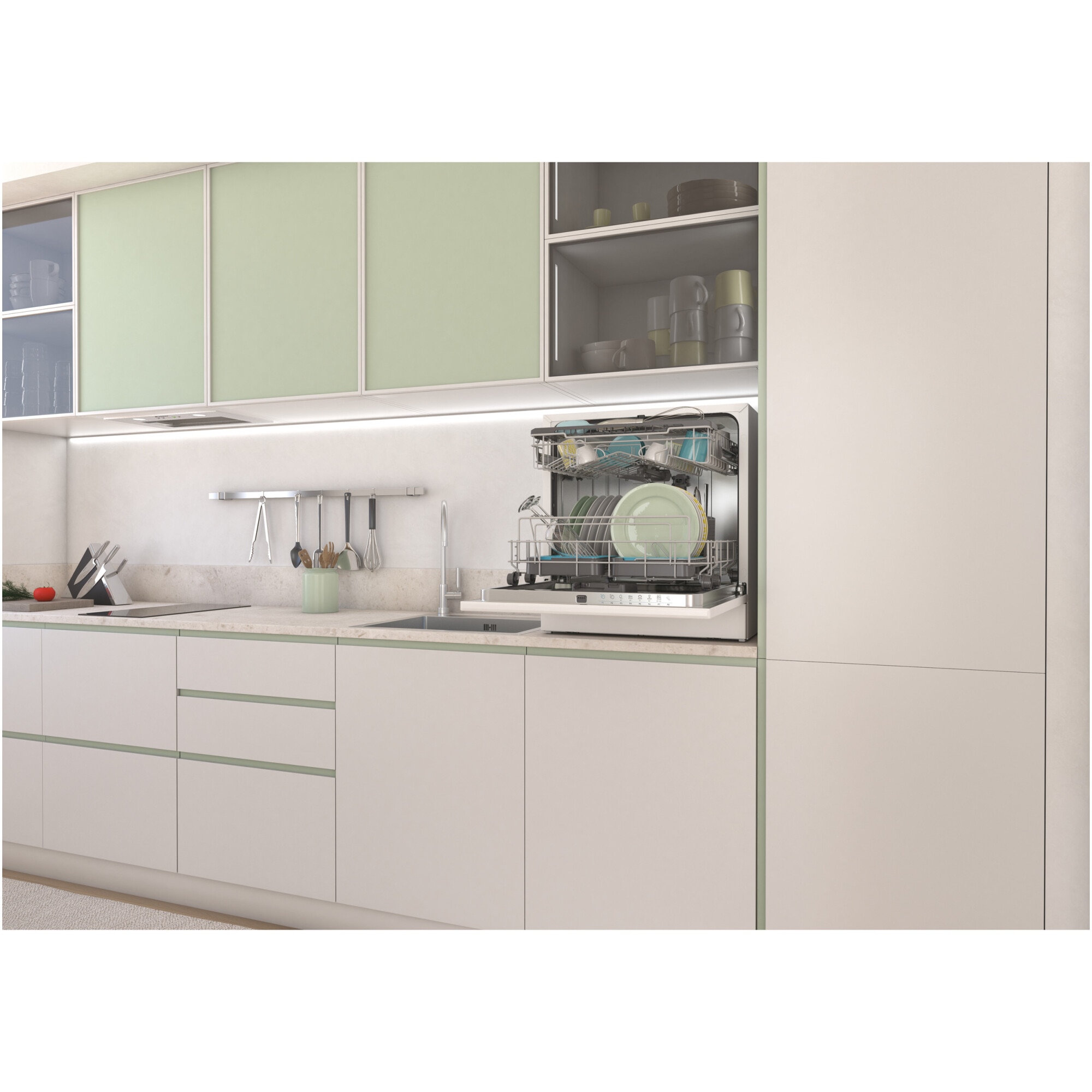 Masina de spalat vase compacta Candy CP 8F9FFW, 8 seturi, 8 programe, Wifi + BLE, Clasa F, 55 cm, Alb