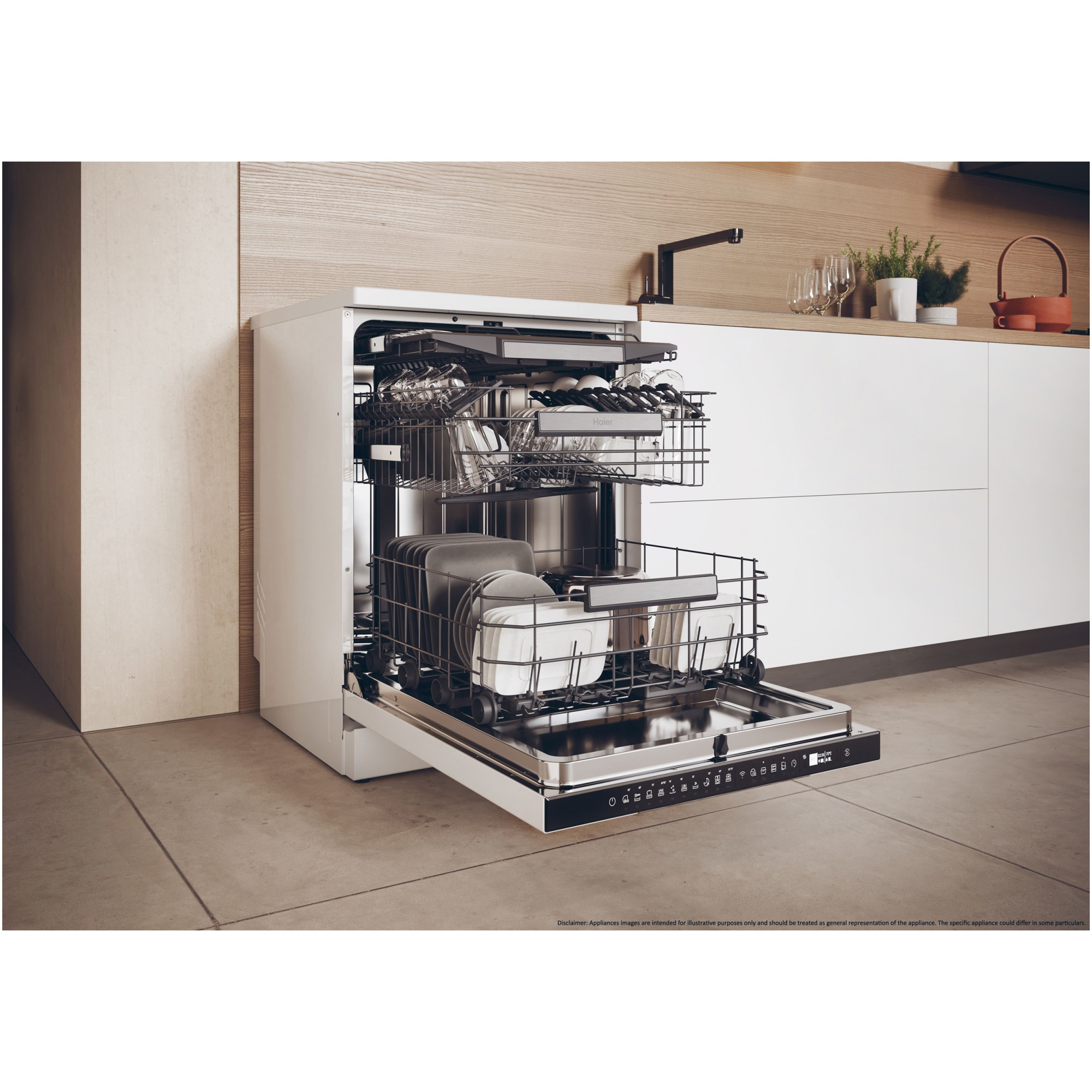 Masina de spalat vase Haier XF 5C4M1W, 15 seturi, 10 programe, Clasa C, Motor Inverter, WiFi, H-Spray Arm, Flex Zone, Part Light, Automatic Open Door, 60 cm, Alb