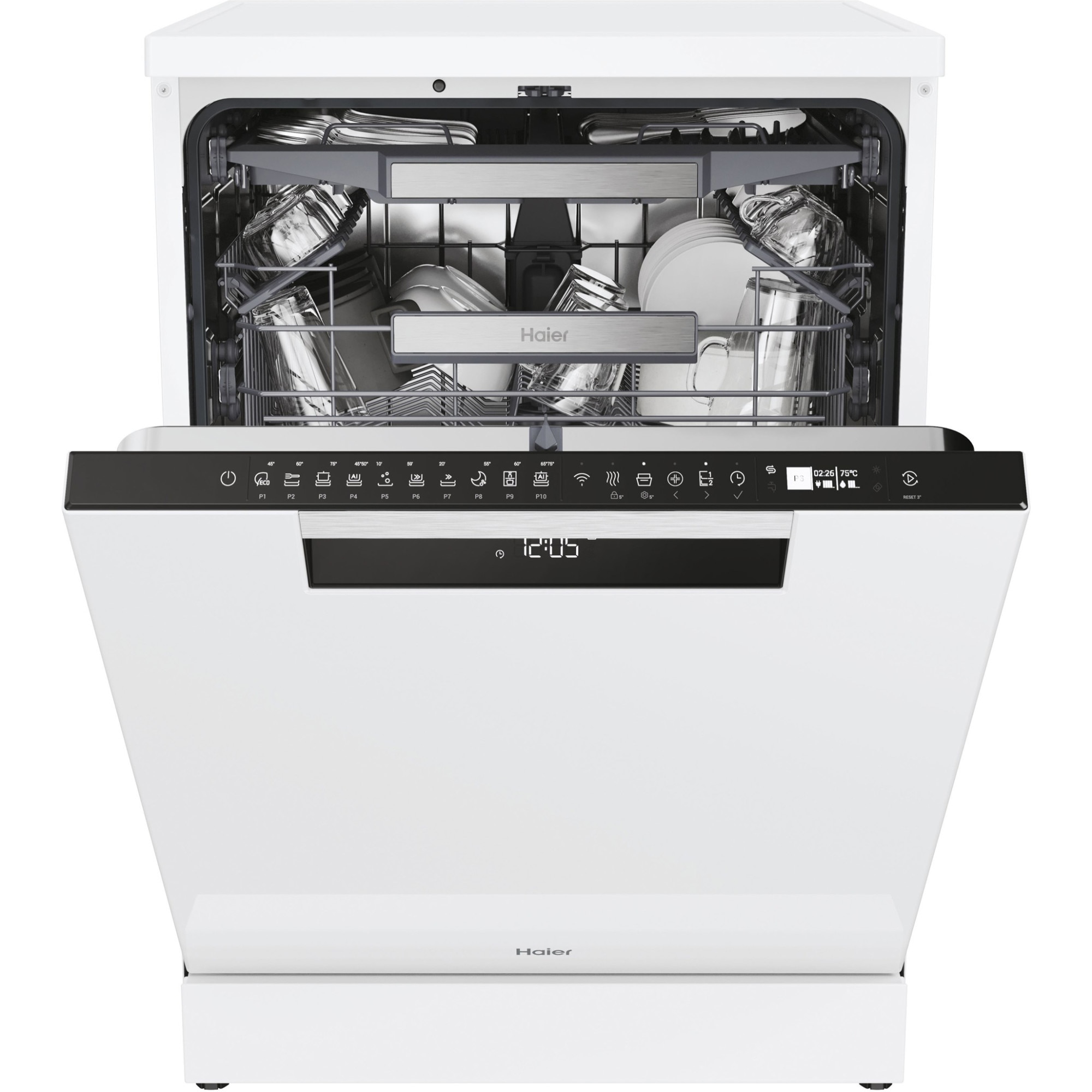 Masina de spalat vase Haier XF 5C4M1W, 15 seturi, 10 programe, Clasa C, Motor Inverter, WiFi, H-Spray Arm, Flex Zone, Part Light, Automatic Open Door, 60 cm, Alb