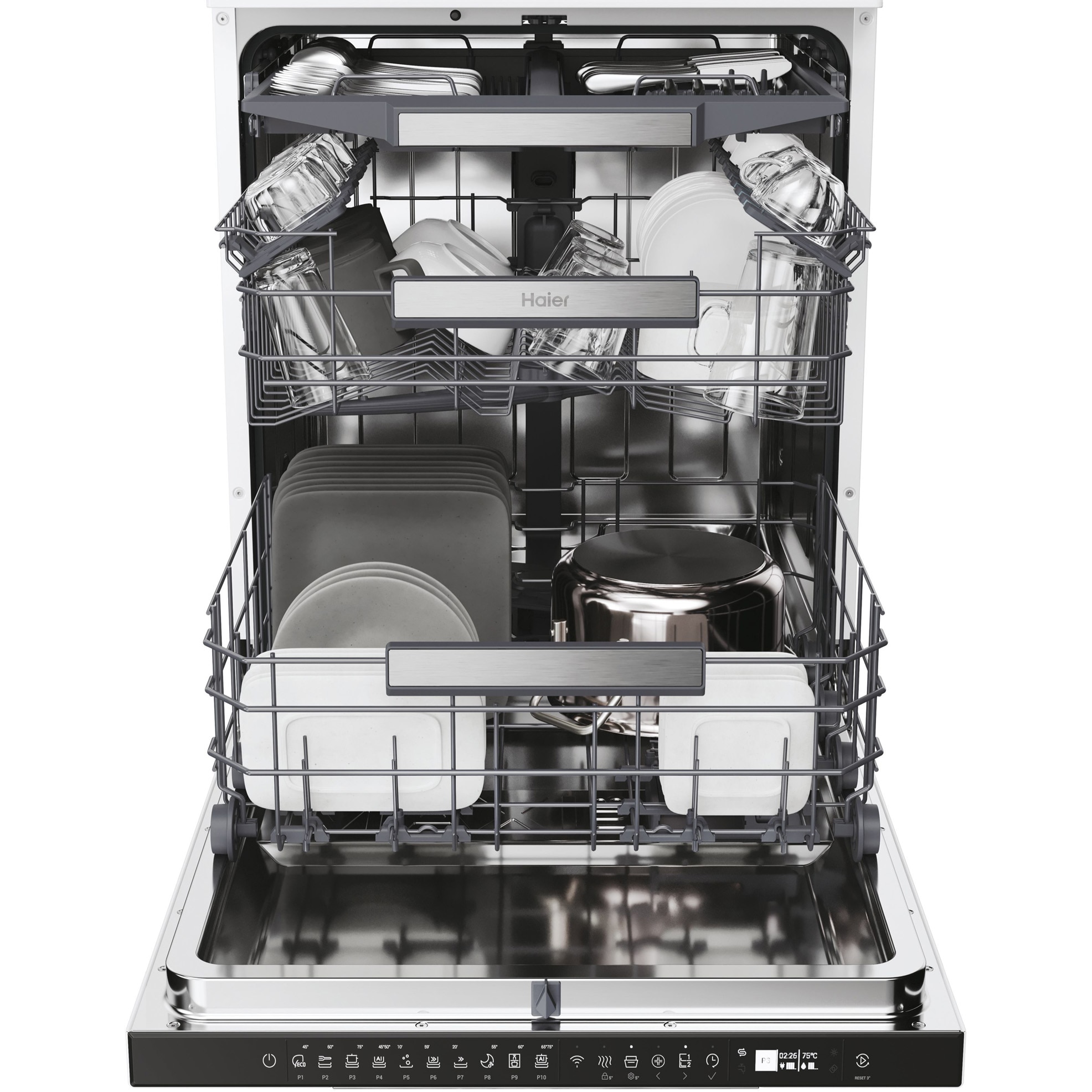Masina de spalat vase Haier XF 5C4M1W, 15 seturi, 10 programe, Clasa C, Motor Inverter, WiFi, H-Spray Arm, Flex Zone, Part Light, Automatic Open Door, 60 cm, Alb