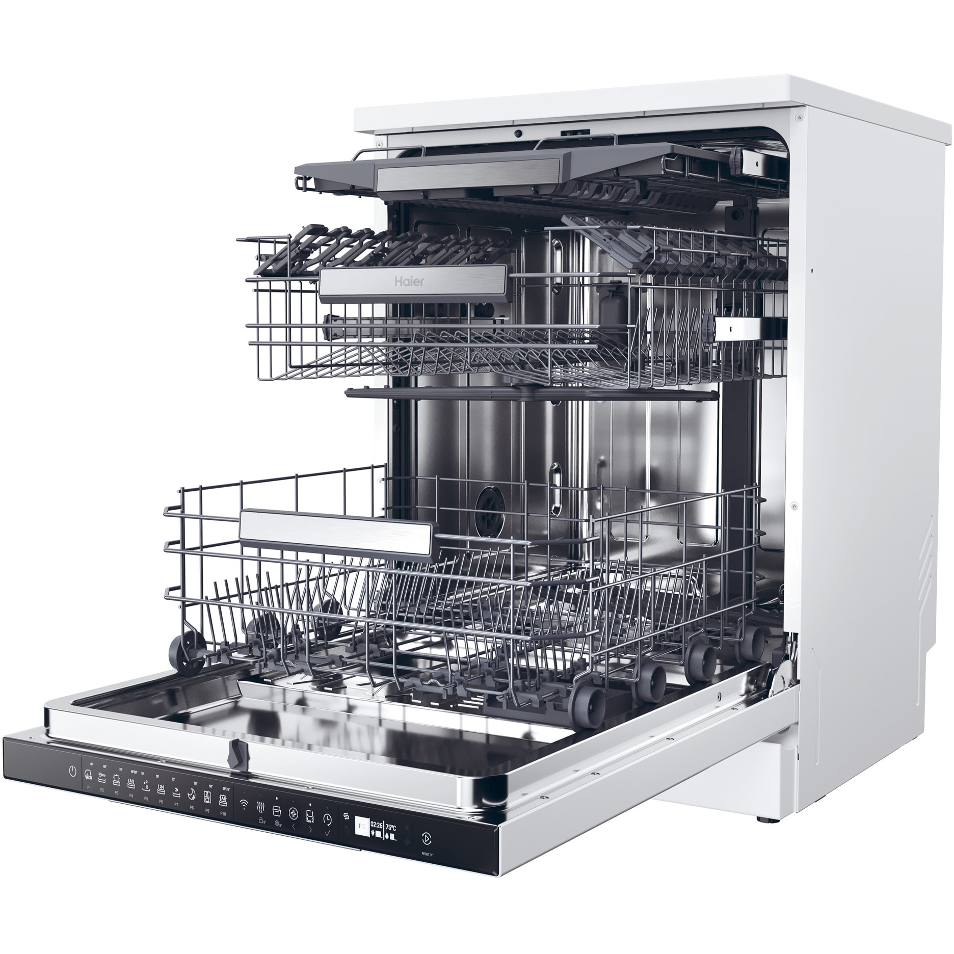 Masina de spalat vase Haier XF 5C4M1W, 15 seturi, 10 programe, Clasa C, Motor Inverter, WiFi, H-Spray Arm, Flex Zone, Part Light, Automatic Open Door, 60 cm, Alb