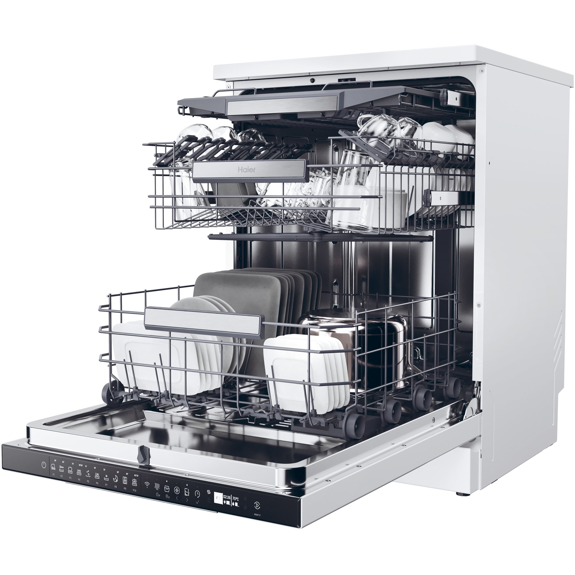 Masina de spalat vase Haier XF 5C4M1W, 15 seturi, 10 programe, Clasa C, Motor Inverter, WiFi, H-Spray Arm, Flex Zone, Part Light, Automatic Open Door, 60 cm, Alb