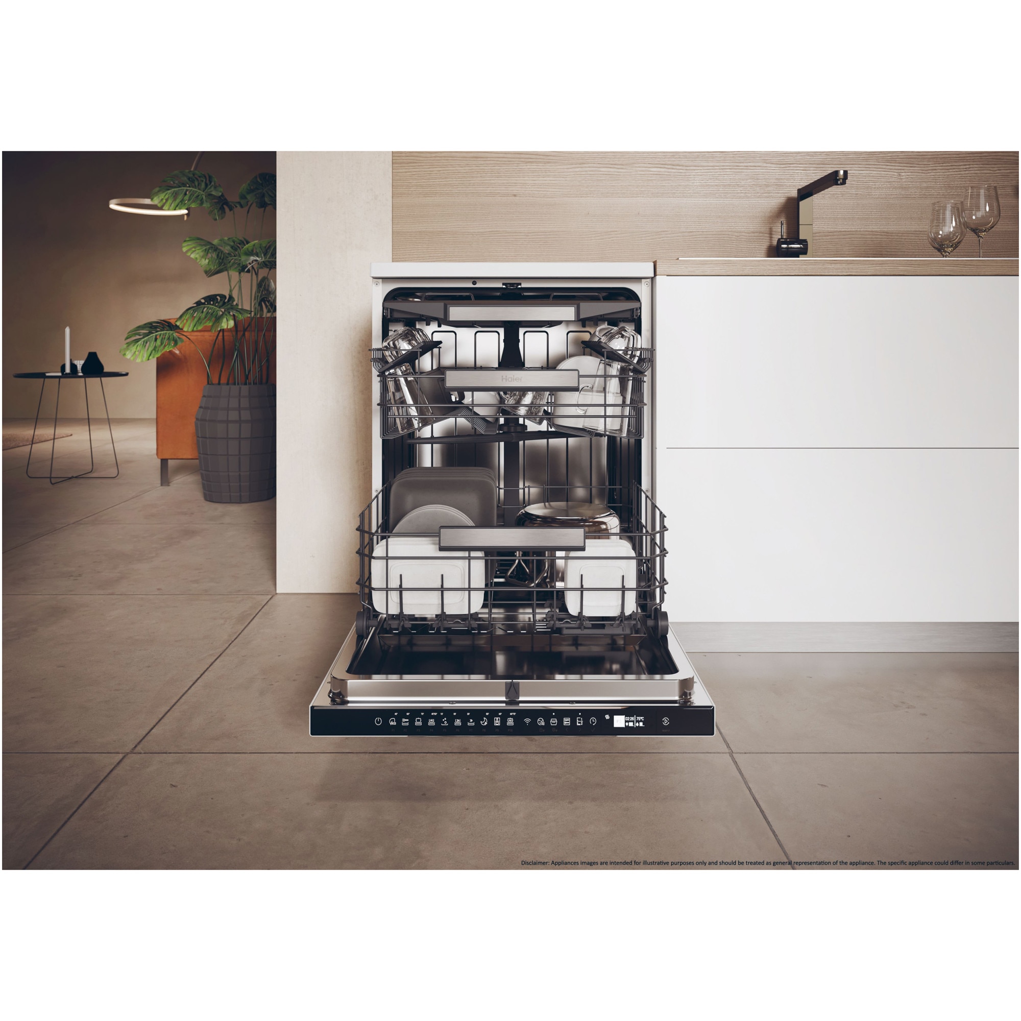 Masina de spalat vase Haier XF 5C4M1W, 15 seturi, 10 programe, Clasa C, Motor Inverter, WiFi, H-Spray Arm, Flex Zone, Part Light, Automatic Open Door, 60 cm, Alb