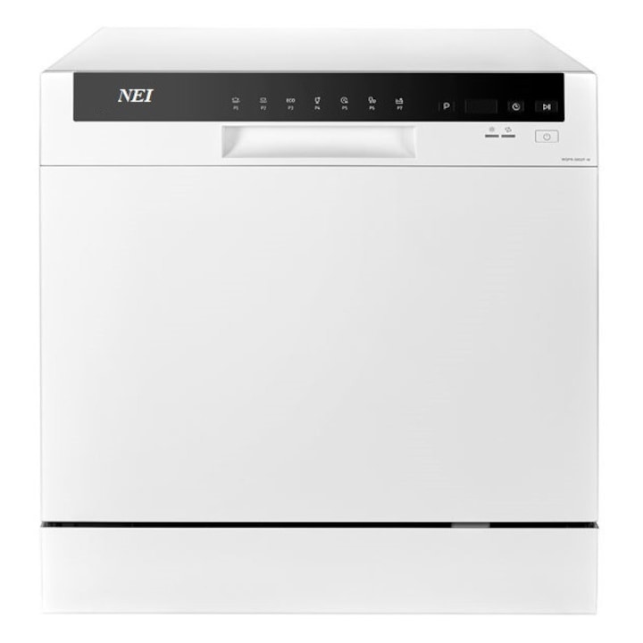 Masina spalat vase compacta NEI NDW8S-3802FW, Clasa F, 8 seturi, 7 programe, 55 cm, alba