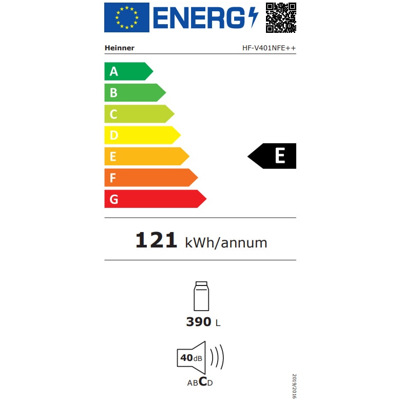 Frigider cu o usa Heinner HF-V401NFE++, 390 l, No Frost, Clasa E, Control electronic, Lumina led, H 186 cm, Alb.