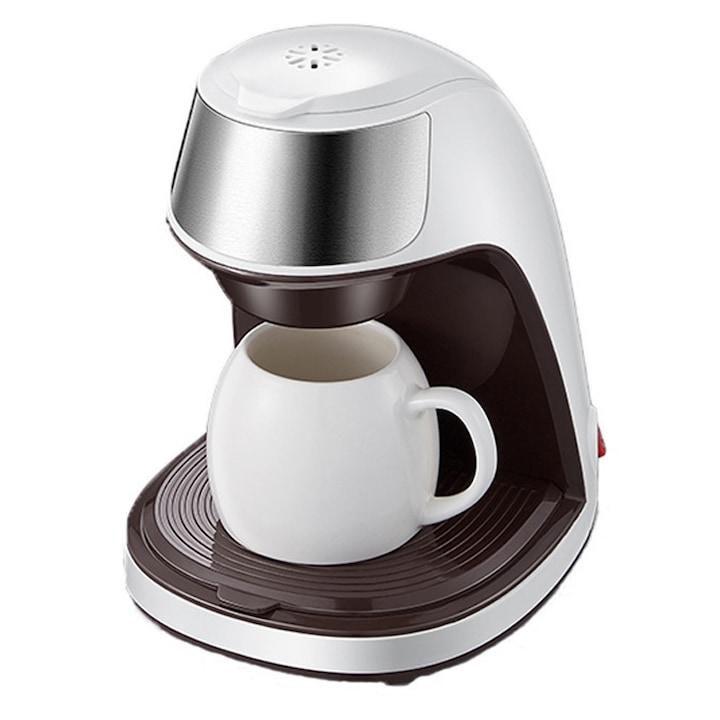 Cafetiere mini automata, Golxmse, 450W, capacitate 300ML, cu cana ceramica, filtru permanent, argintie, 230x175x230mm