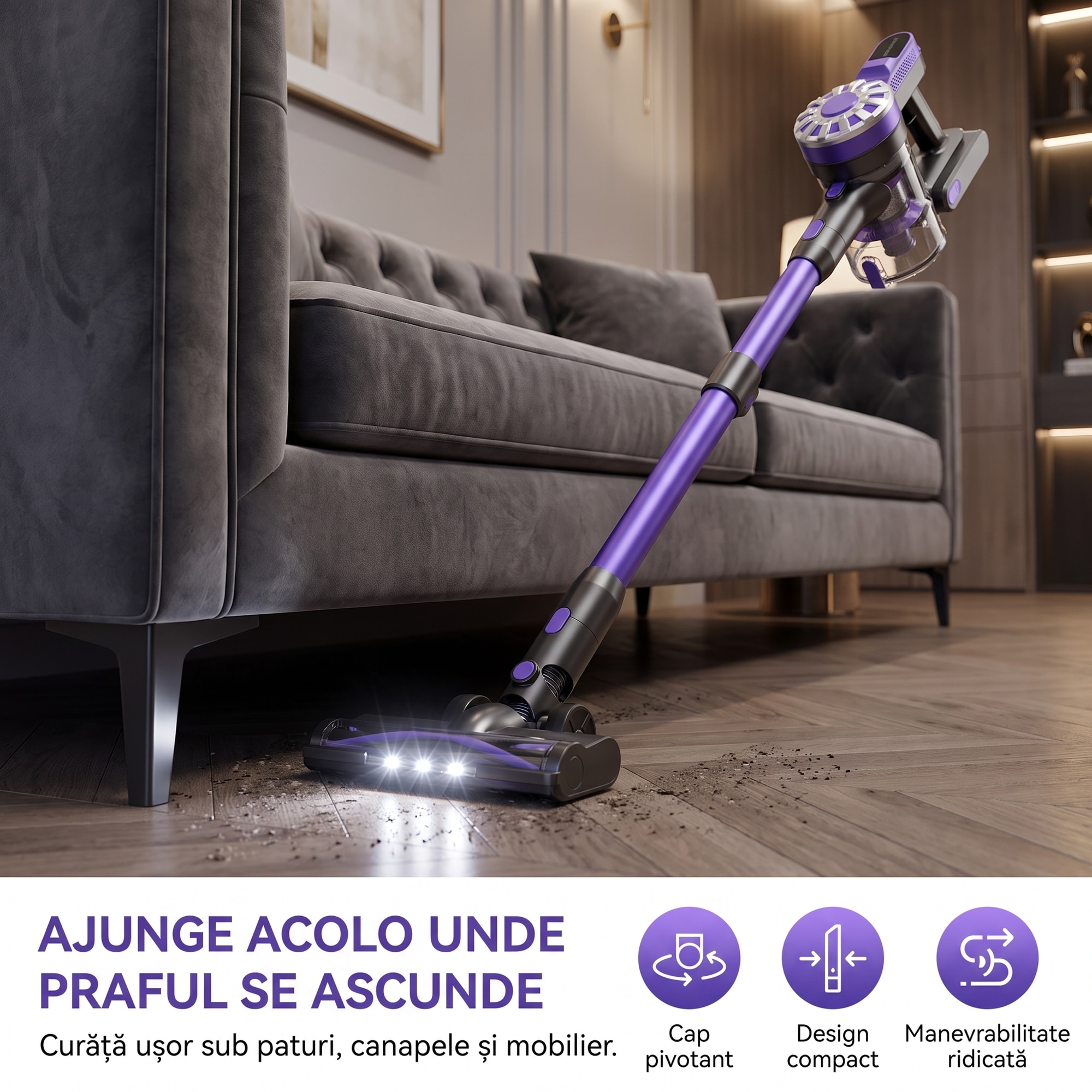 Aspirator Vertical 4 In 1, SeveShop® V08, Aspirator Fara Fir Cu Motor Ciclon 12000 Pa, Recipient 500 ml, Aspirator Vertical Cu Filtru HEPA, Iluminare LED, Autonomie 30 Min, Tub Telescopic, Rotatie 180°, Perii Multiple, Podea, Covor, Aspirator Mov