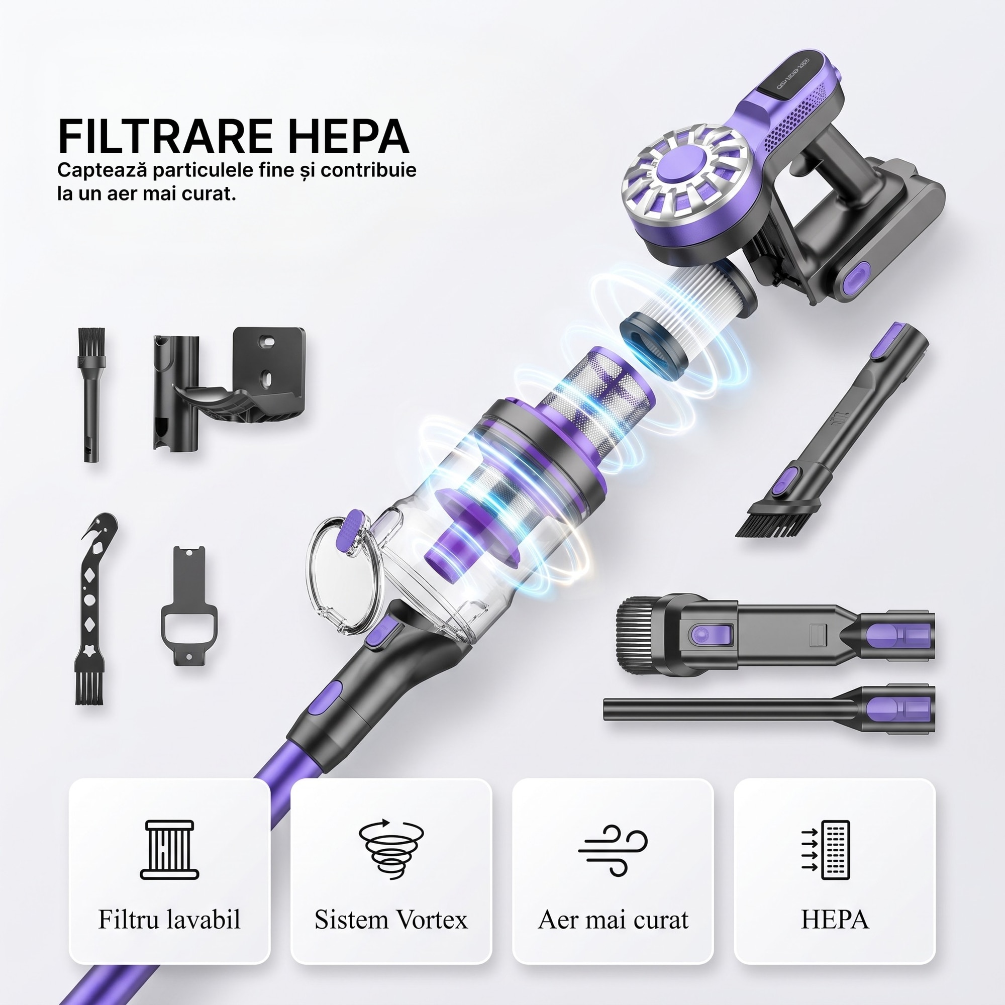 Aspirator Vertical 4 In 1, SeveShop® V08, Aspirator Fara Fir Cu Motor Ciclon 12000 Pa, Recipient 500 ml, Aspirator Vertical Cu Filtru HEPA, Iluminare LED, Autonomie 30 Min, Tub Telescopic, Rotatie 180°, Perii Multiple, Podea, Covor, Aspirator Mov