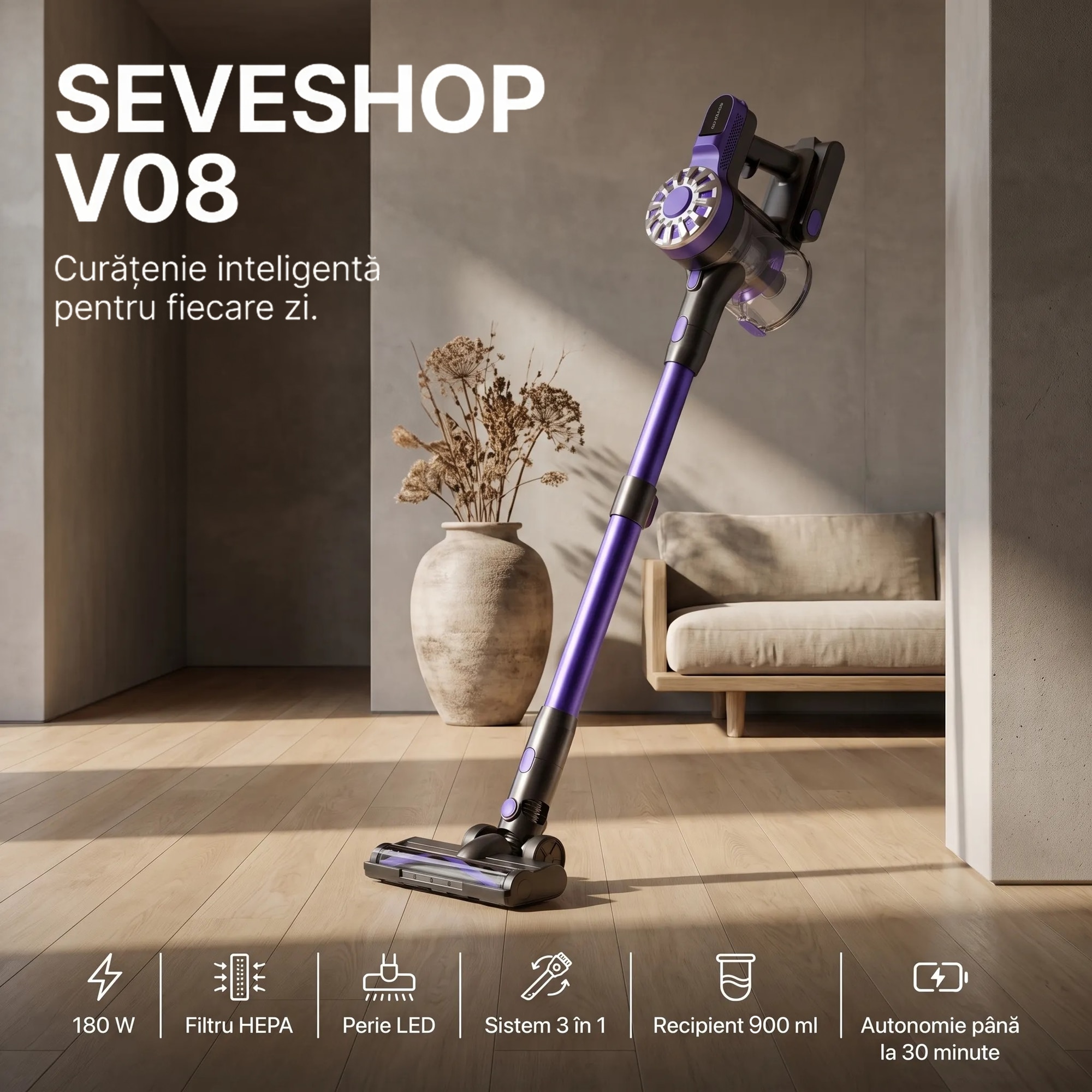 Aspirator Vertical 4 In 1, SeveShop® V08, Aspirator Fara Fir Cu Motor Ciclon 12000 Pa, Recipient 500 ml, Aspirator Vertical Cu Filtru HEPA, Iluminare LED, Autonomie 30 Min, Tub Telescopic, Rotatie 180°, Perii Multiple, Podea, Covor, Aspirator Mov