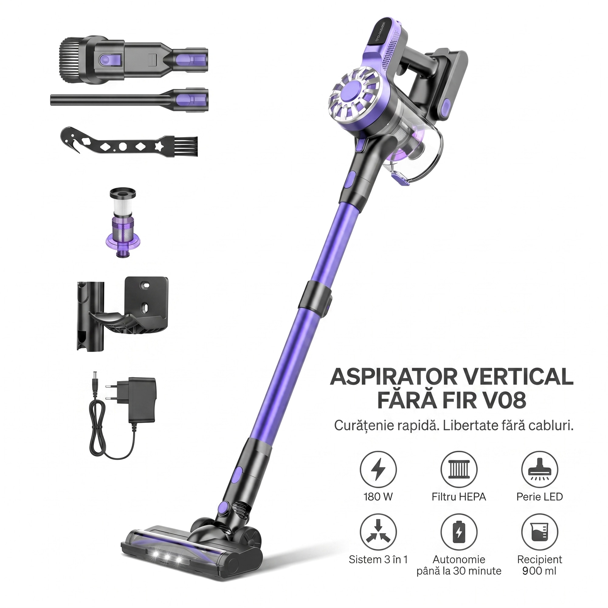 Aspirator Vertical 4 In 1, SeveShop® V08, Aspirator Fara Fir Cu Motor Ciclon 12000 Pa, Recipient 500 ml, Aspirator Vertical Cu Filtru HEPA, Iluminare LED, Autonomie 30 Min, Tub Telescopic, Rotatie 180°, Perii Multiple, Podea, Covor, Aspirator Mov