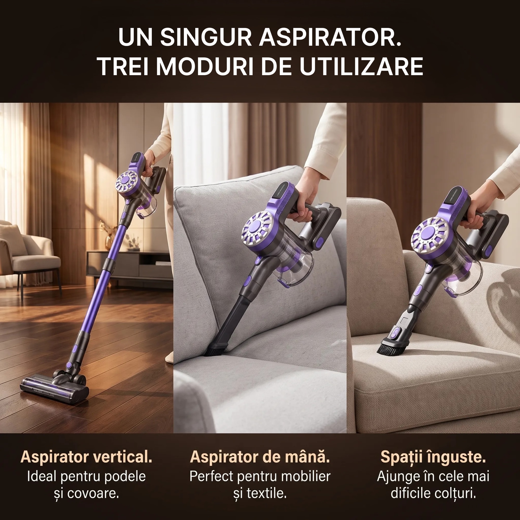 Aspirator Vertical 4 In 1, SeveShop® V08, Aspirator Fara Fir Cu Motor Ciclon 12000 Pa, Recipient 500 ml, Aspirator Vertical Cu Filtru HEPA, Iluminare LED, Autonomie 30 Min, Tub Telescopic, Rotatie 180°, Perii Multiple, Podea, Covor, Aspirator Mov