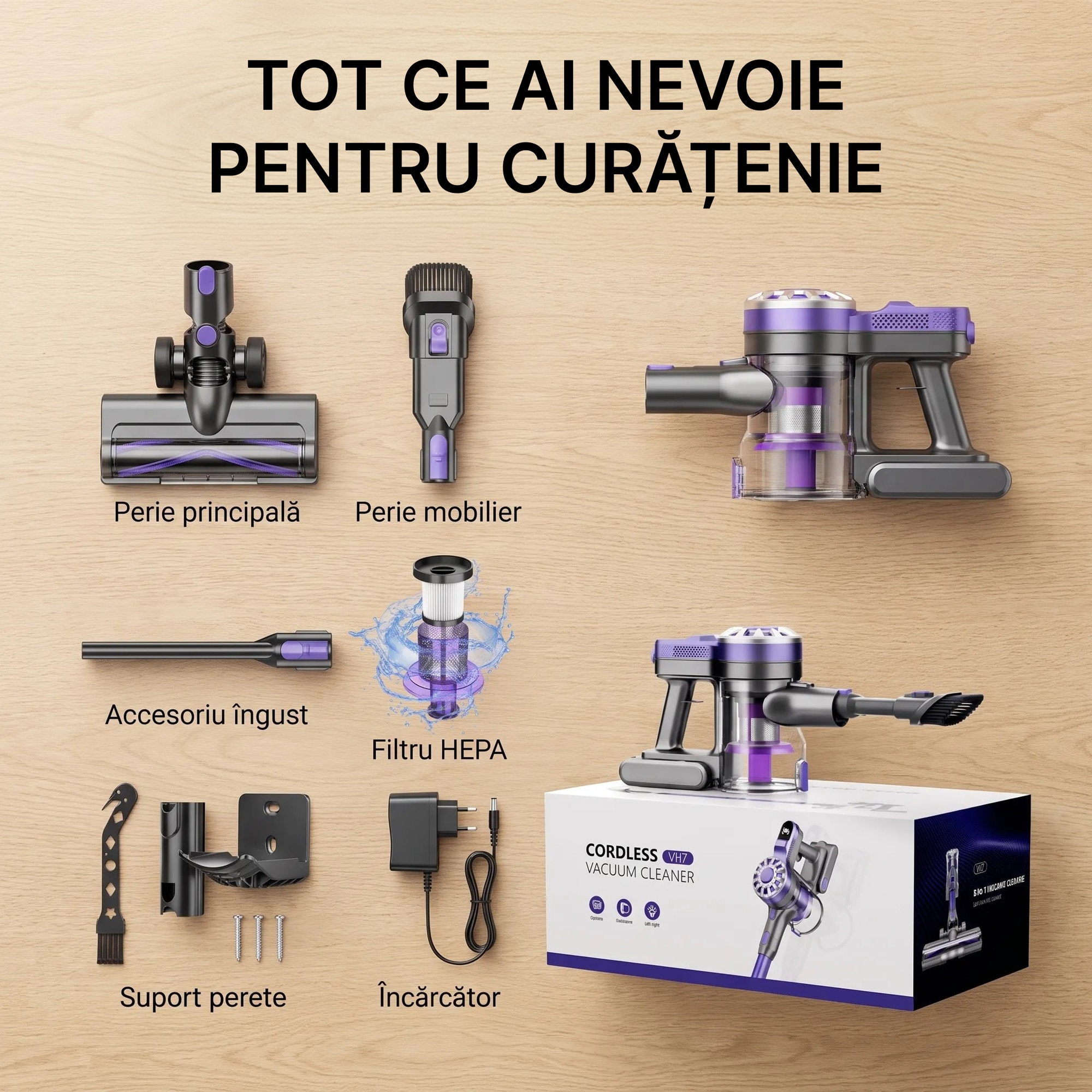 Aspirator Vertical 4 In 1, SeveShop® V08, Aspirator Fara Fir Cu Motor Ciclon 12000 Pa, Recipient 500 ml, Aspirator Vertical Cu Filtru HEPA, Iluminare LED, Autonomie 30 Min, Tub Telescopic, Rotatie 180°, Perii Multiple, Podea, Covor, Aspirator Mov