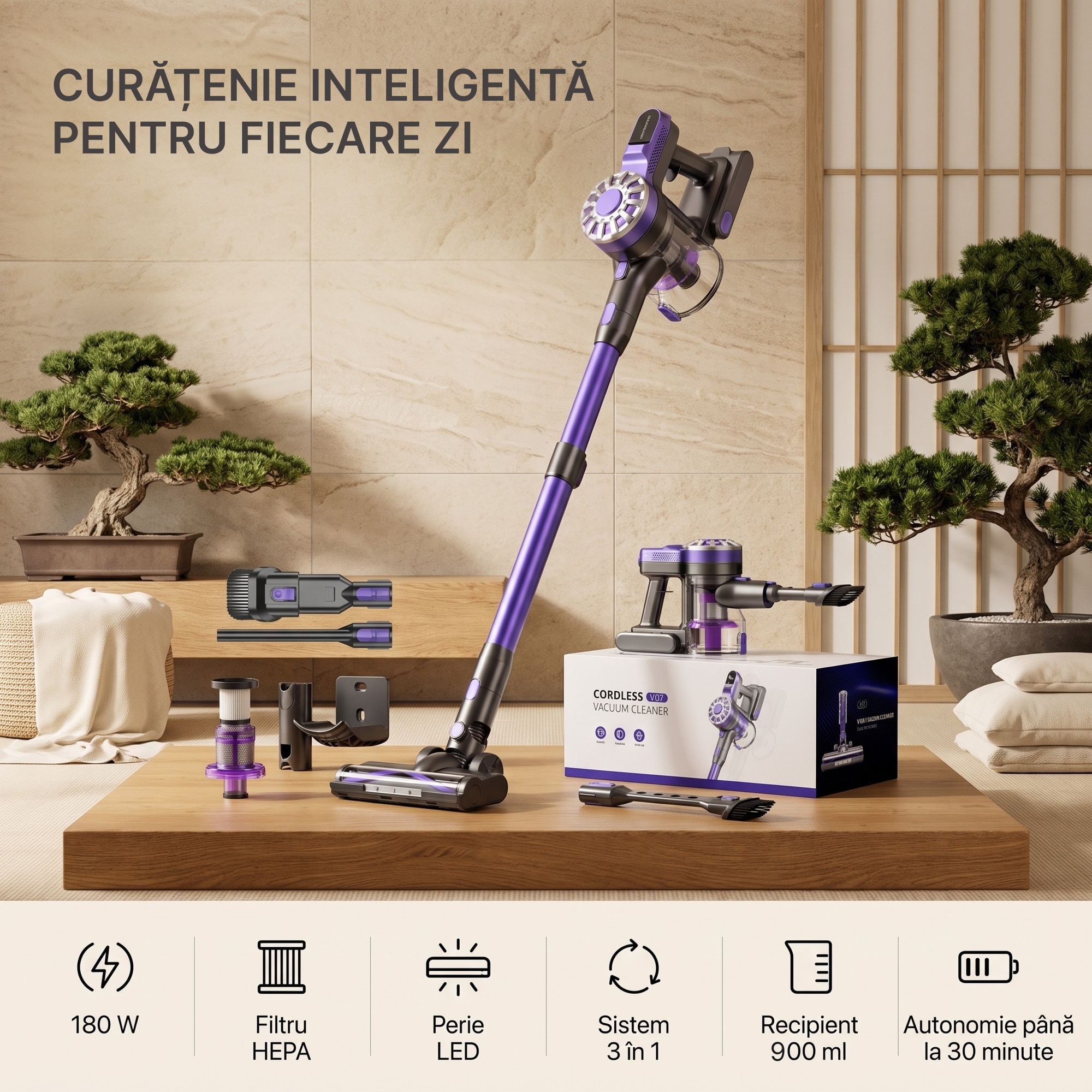 Aspirator Vertical 4 In 1, SeveShop® V08, Aspirator Fara Fir Cu Motor Ciclon 12000 Pa, Recipient 500 ml, Aspirator Vertical Cu Filtru HEPA, Iluminare LED, Autonomie 30 Min, Tub Telescopic, Rotatie 180°, Perii Multiple, Podea, Covor, Aspirator Mov