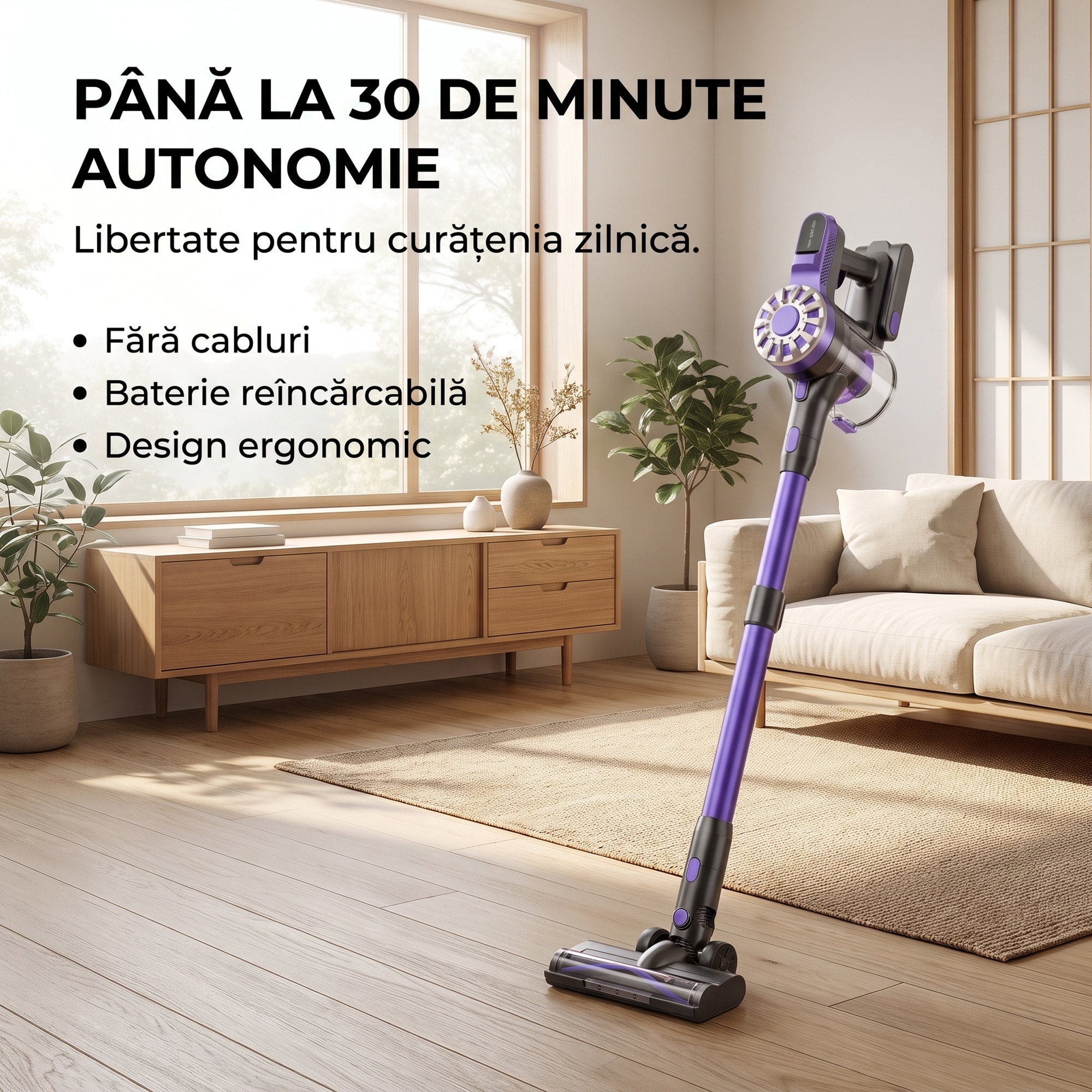 Aspirator Vertical 4 In 1, SeveShop® V08, Aspirator Fara Fir Cu Motor Ciclon 12000 Pa, Recipient 500 ml, Aspirator Vertical Cu Filtru HEPA, Iluminare LED, Autonomie 30 Min, Tub Telescopic, Rotatie 180°, Perii Multiple, Podea, Covor, Aspirator Mov