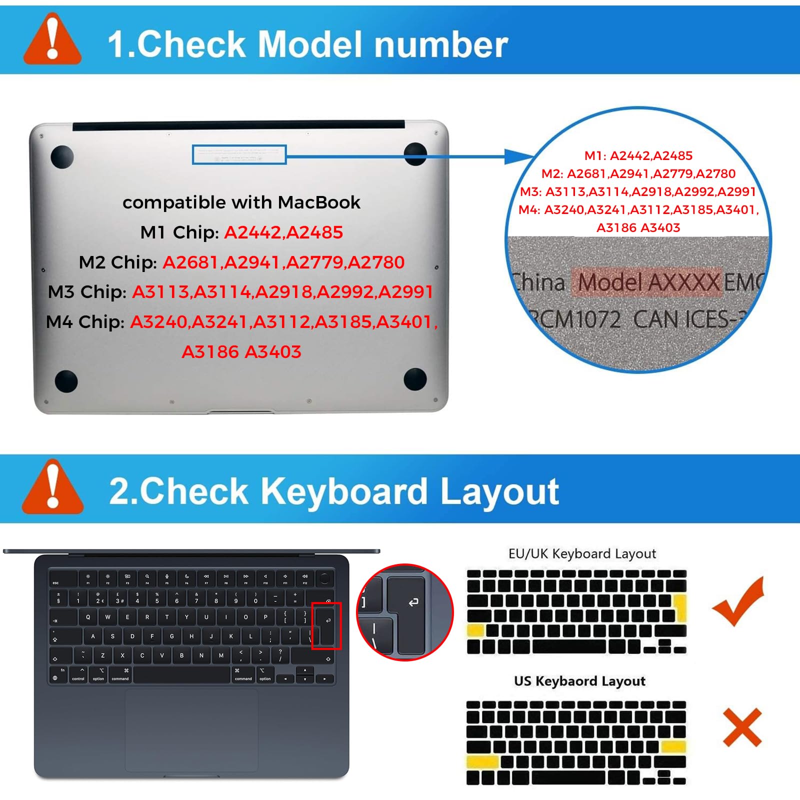 EXCITAT® Husa transparenta rigida pentru MacBook Air 13.6" (modele A2681/A3113/A3240, versiunile M2/M3/M4 2022-2024) - Set inclusiv husa transparenta, folie pentru tastatura (layout european), protectie ecran, compatibil cu Touch ID
